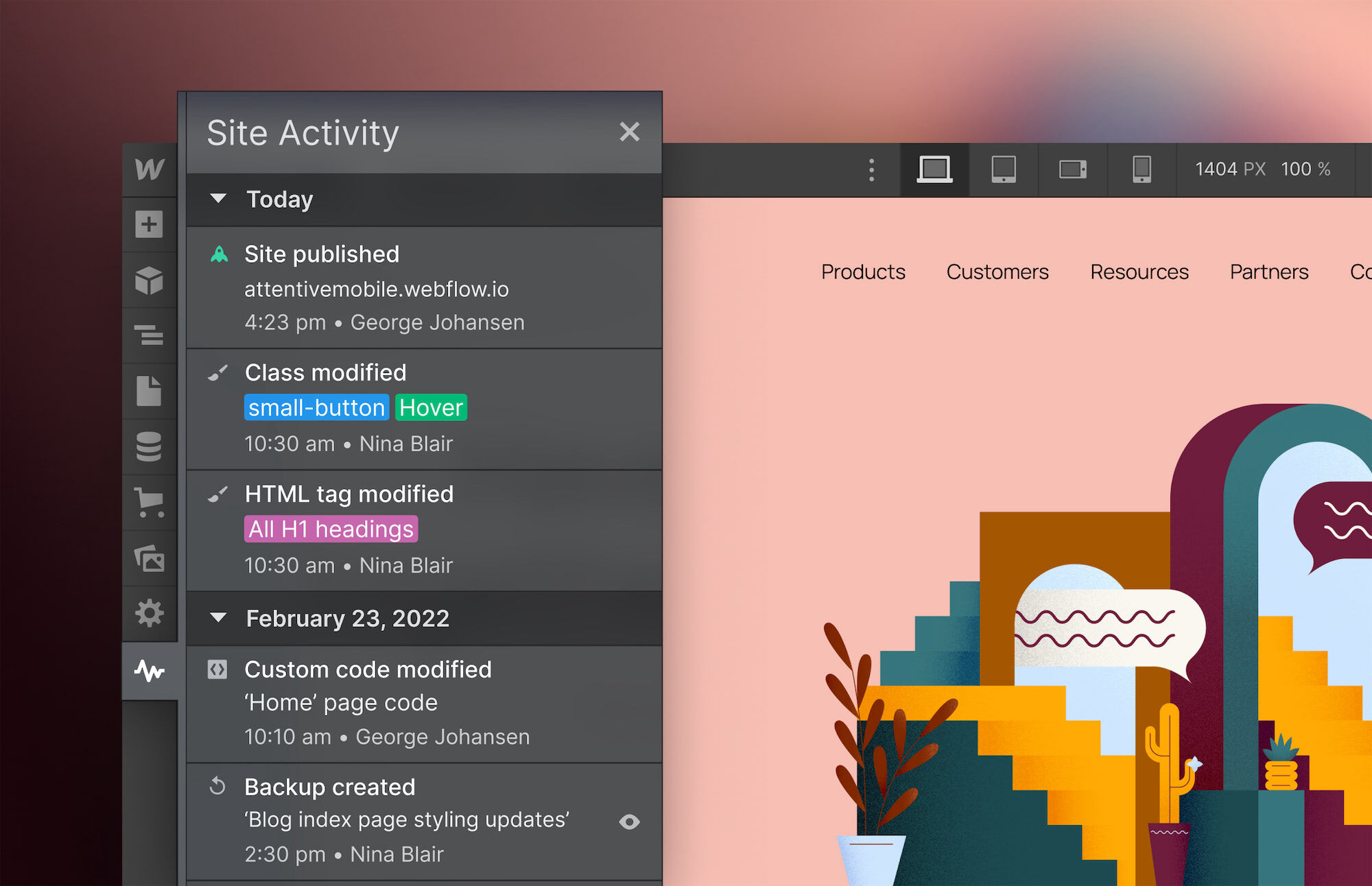 Fix site issues faster and track important design changes with the Site Activity log