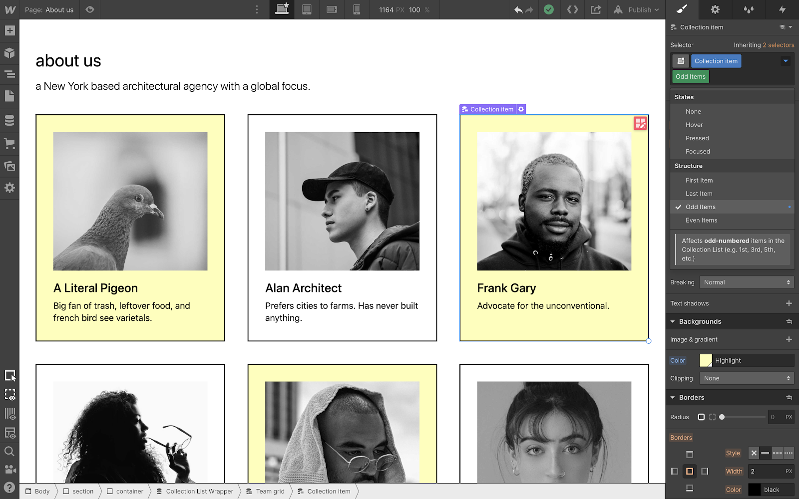 Grid layout of team page with alternating styles on all odd items.