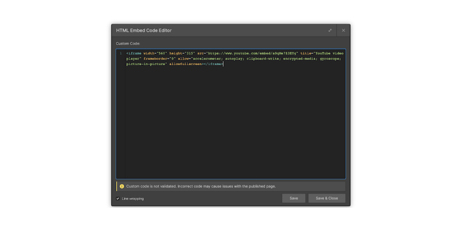 The Code Editor for HTML embeds now has line-wrapping enabled