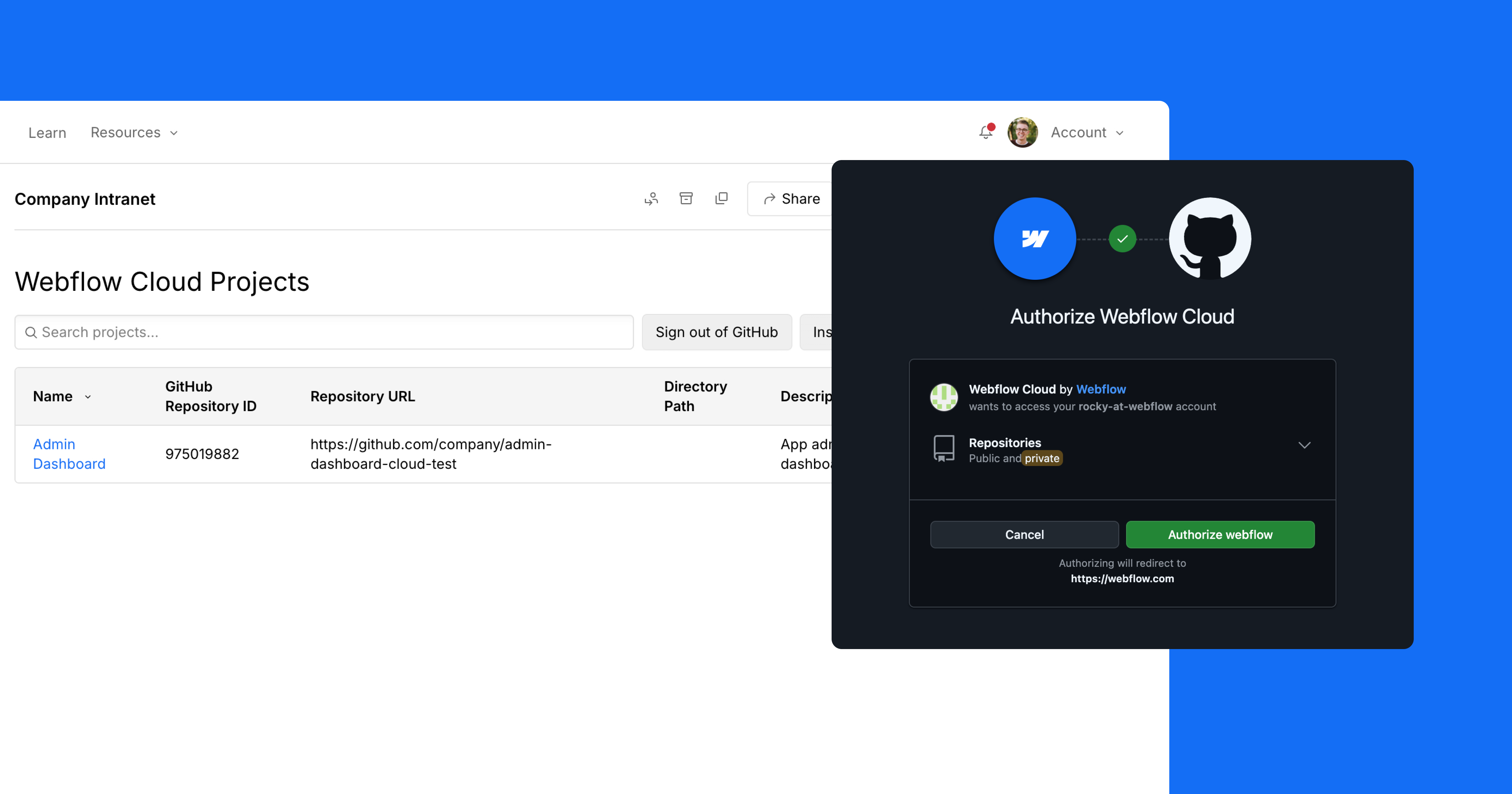 Screenshot of the Github connection / dashboard experience with Webflow Cloud.