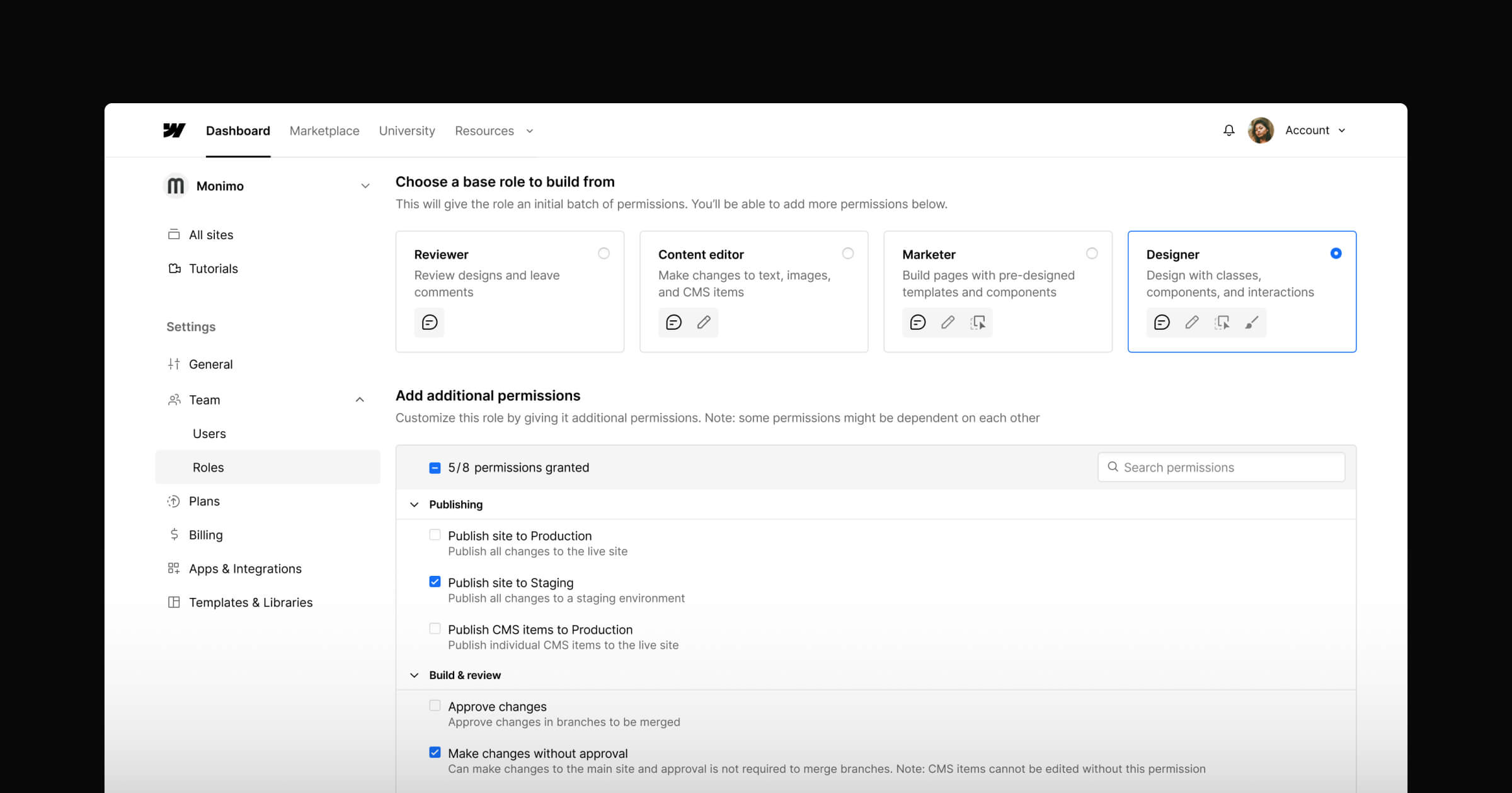 The Webflow Custom Roles dashboard.