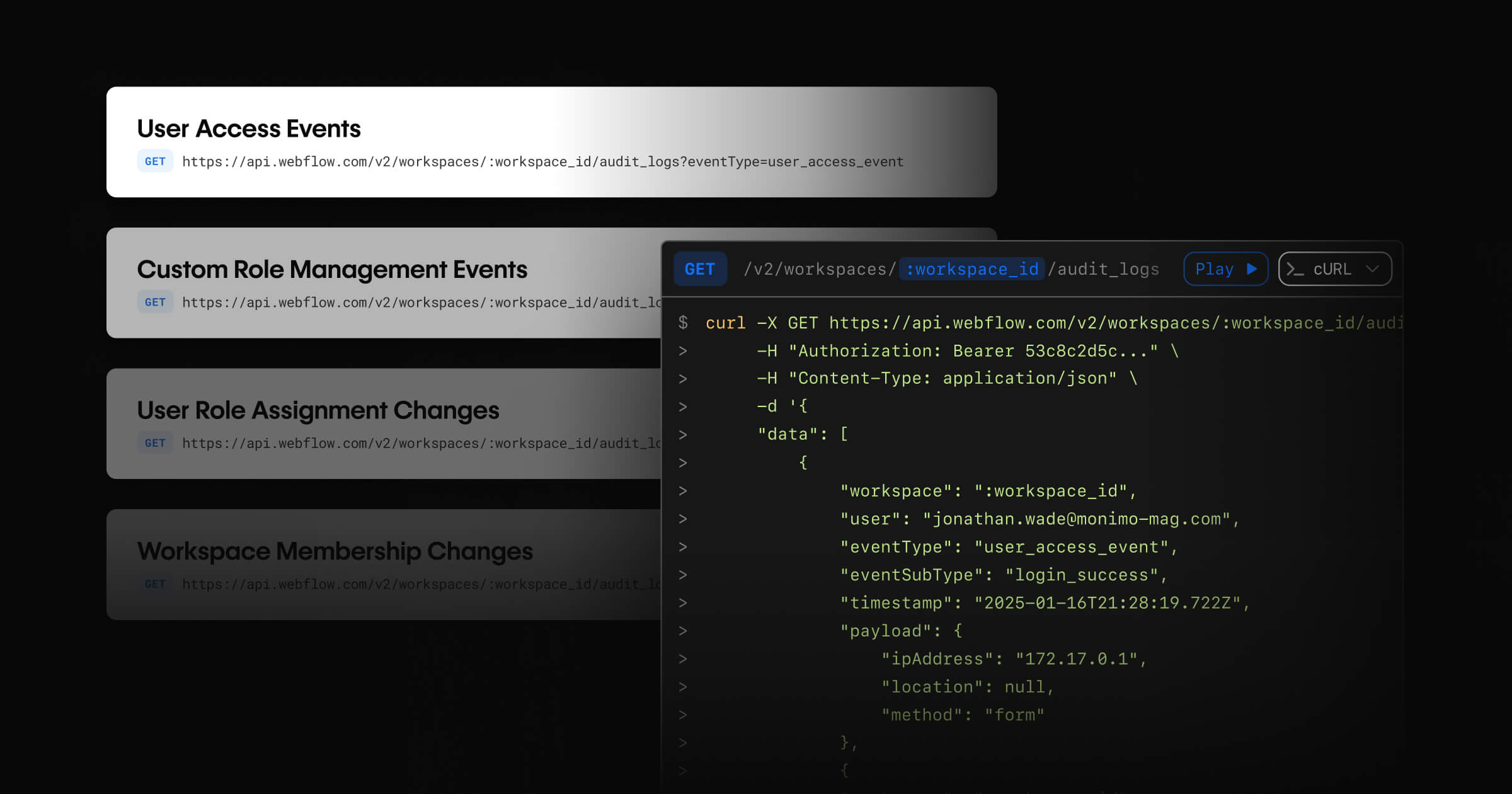 With the audit log API, pull key Webflow events into your SIEM tools for compliance and monitoring.