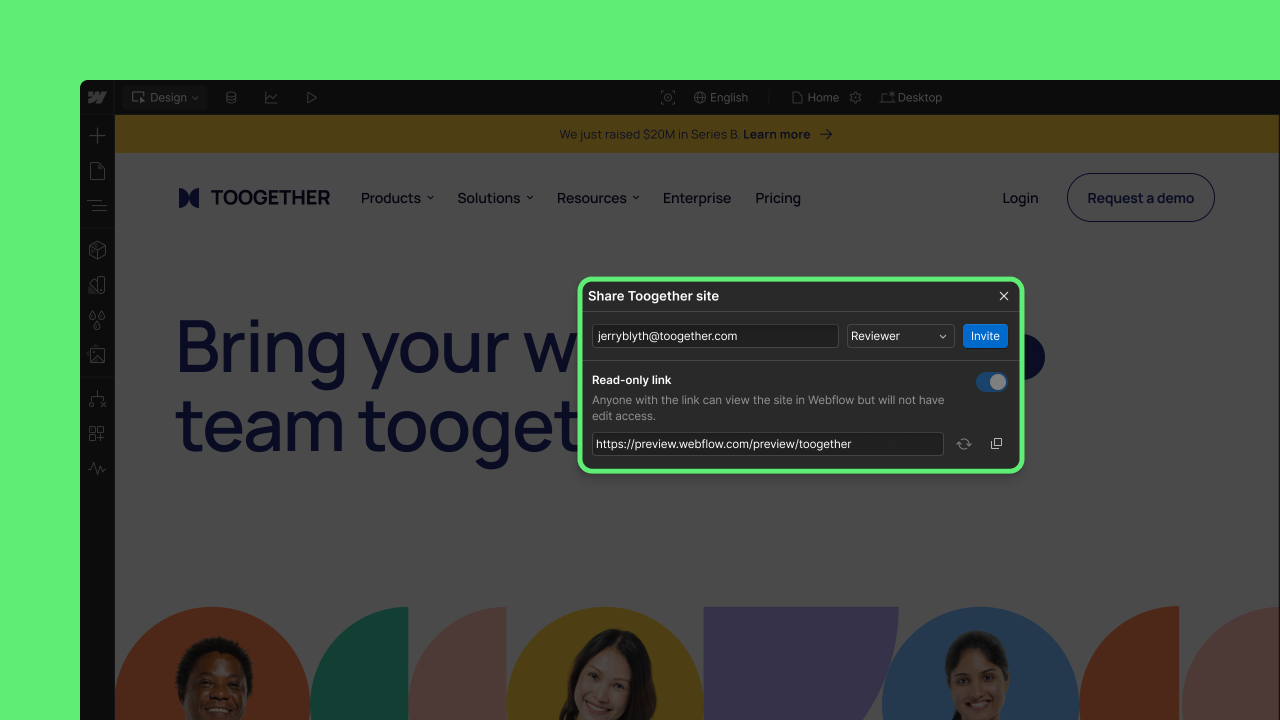 Empower Workspace members to invite free Reviewers into Webflow