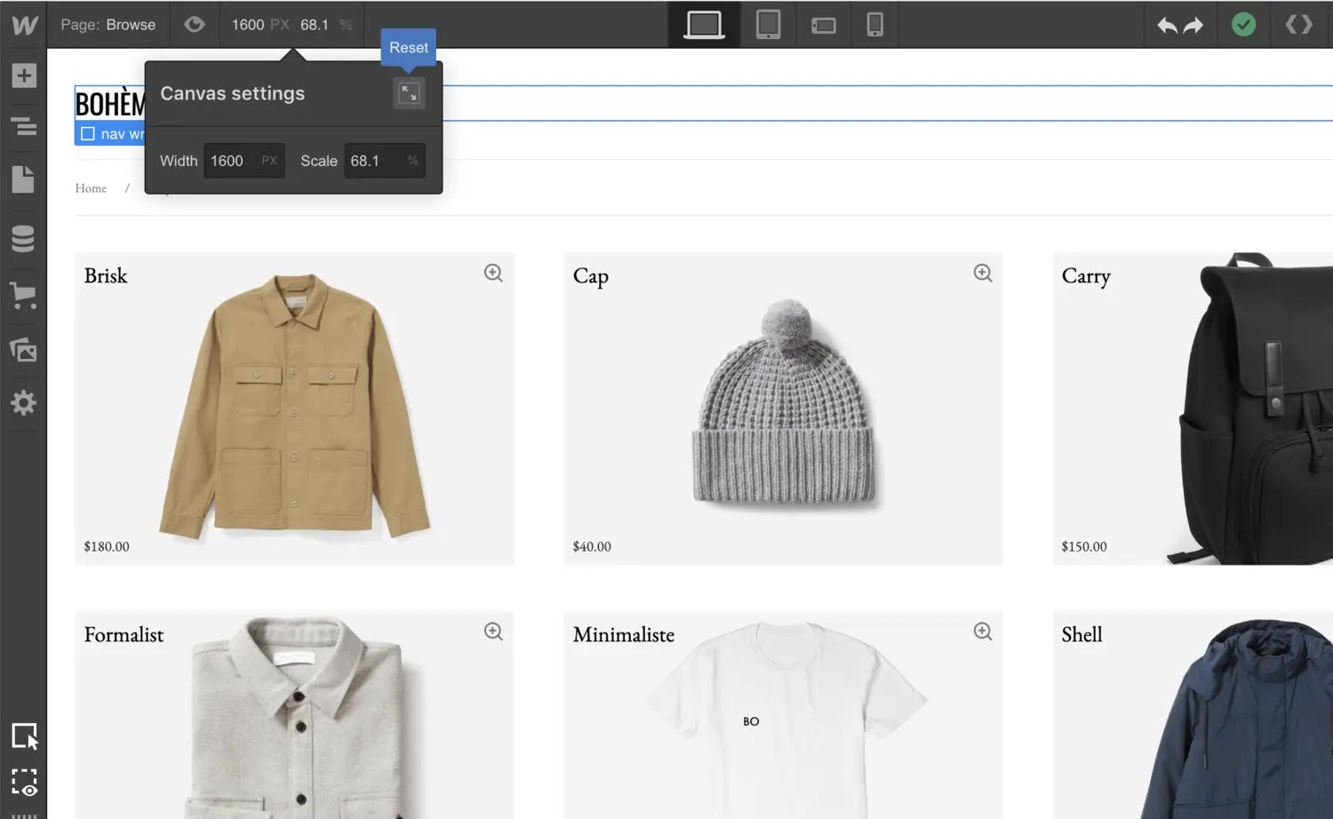 Resize the Designer canvas to preview site on larger screens