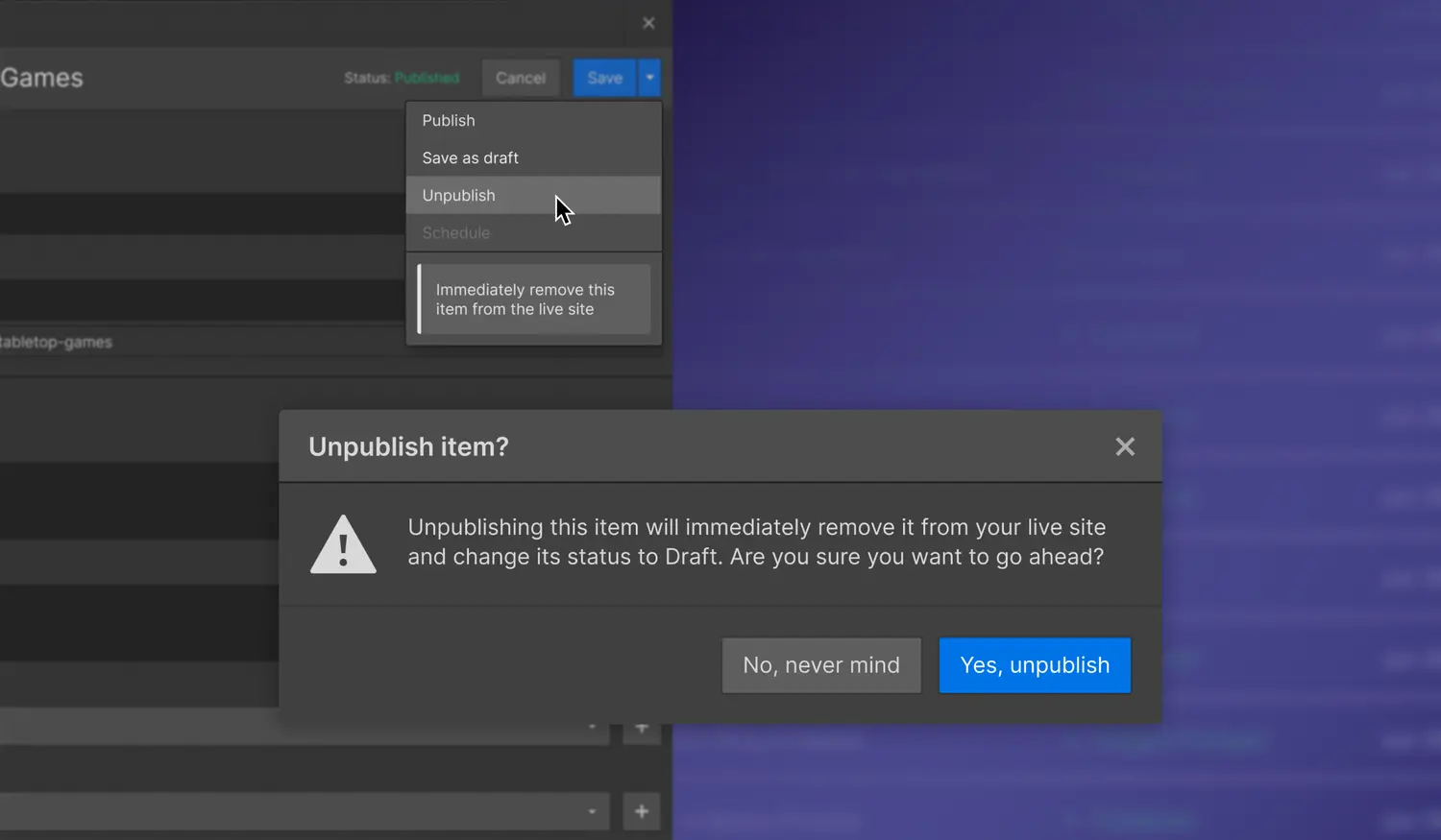 Remove CMS content without publishing your entire site