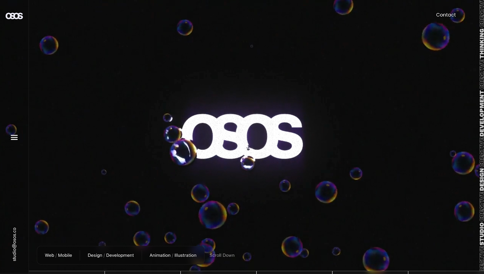 OSOS’ website has the white text “OSOS” in the center of the page against a dark background with bubbles floating all over the screen.