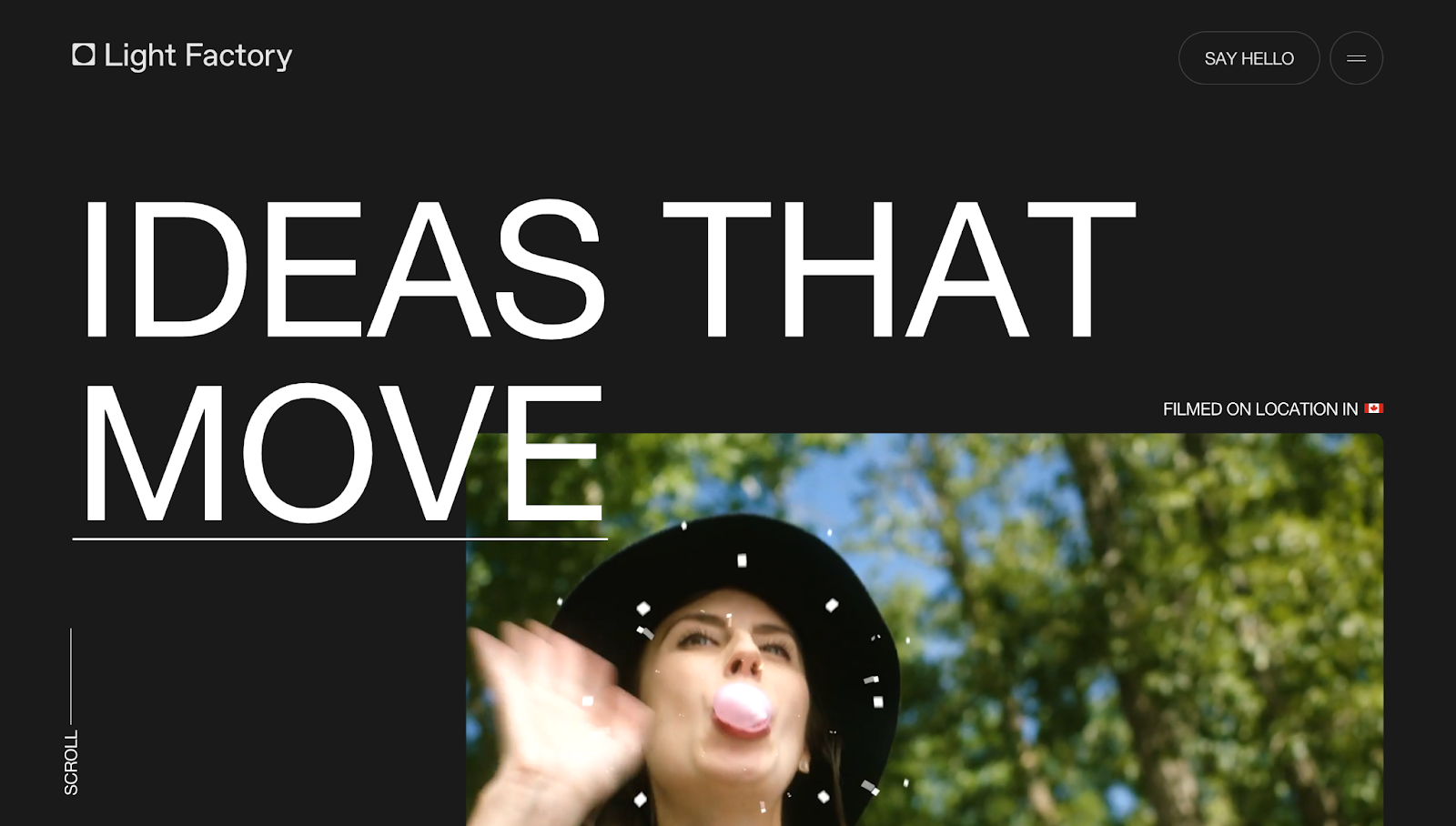 Light Factory’s header has a black background with the text “Ideas that move” in white and a video thumbnail.