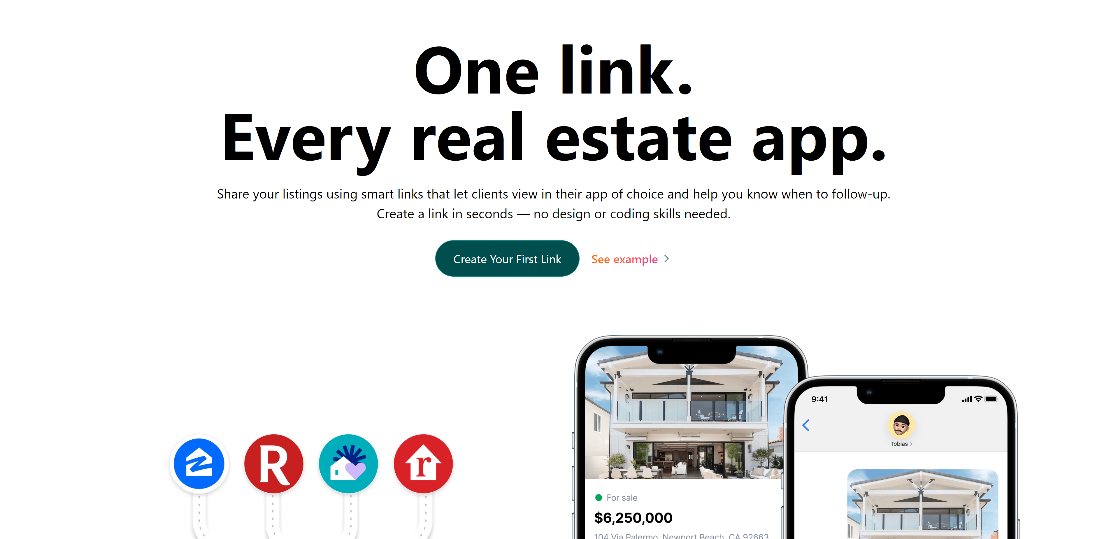 A screenshot of Area’s home page with the heading, “One link. Every real estate app.” followed by body text and a button with the text, “Create Your First Link.” The bottom half of the screenshot shows a mockup of Area’s mobile application on a smartphone.