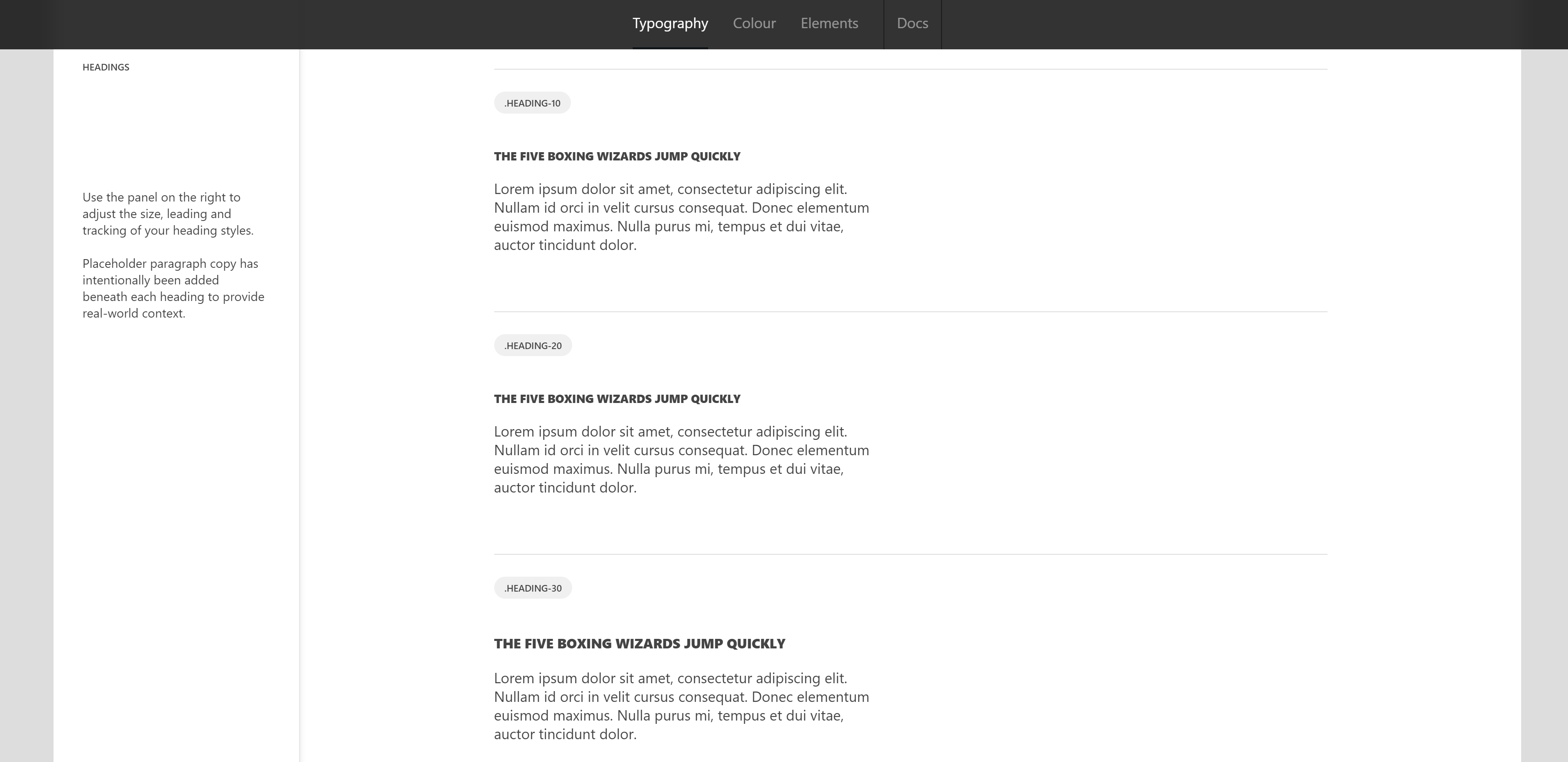 A screenshot of Homerun Style Guide’s “Typography” page with black text on a white background showing the heading “The five boxing wizards jump quickly” and lorem ipsum body text in different font weights. The left of the screen shows instructions for the visitor for easier navigation, while the top bar shows “Typography,” “Colour,” “Elements,” and “Docs” in a contrasting white-on-black.