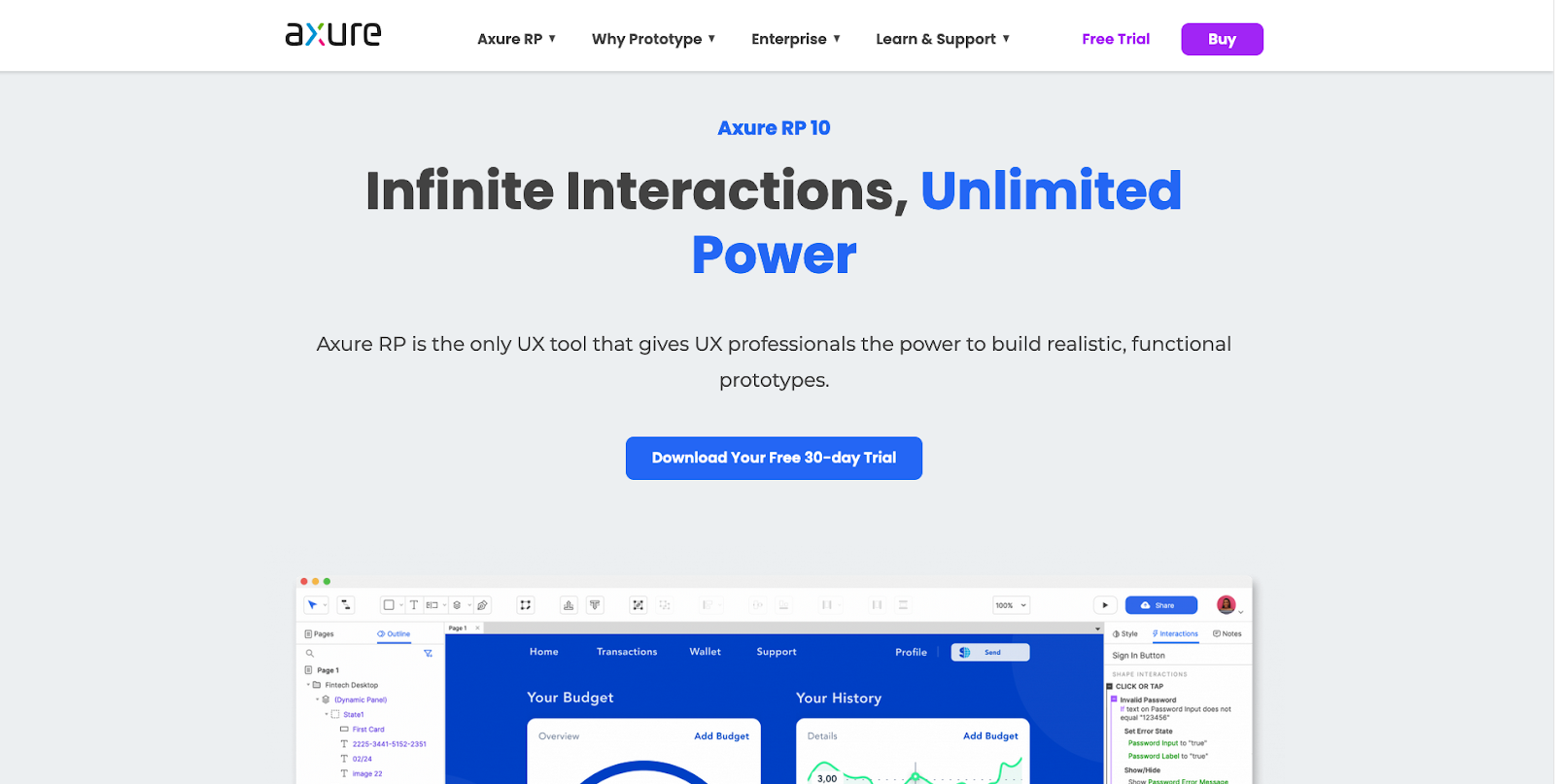 Axure RP’s homepage features a gray background and a screenshot of a website being edited. The header reads, “Infinite Interactions, Unlimited Power.