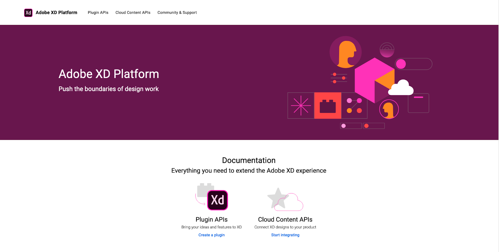 Adobe XD’s homepage has a maroon top banner and a white bottom banner. The main heading reads, “Adobe XD Platform: Push the boundaries of design work.”