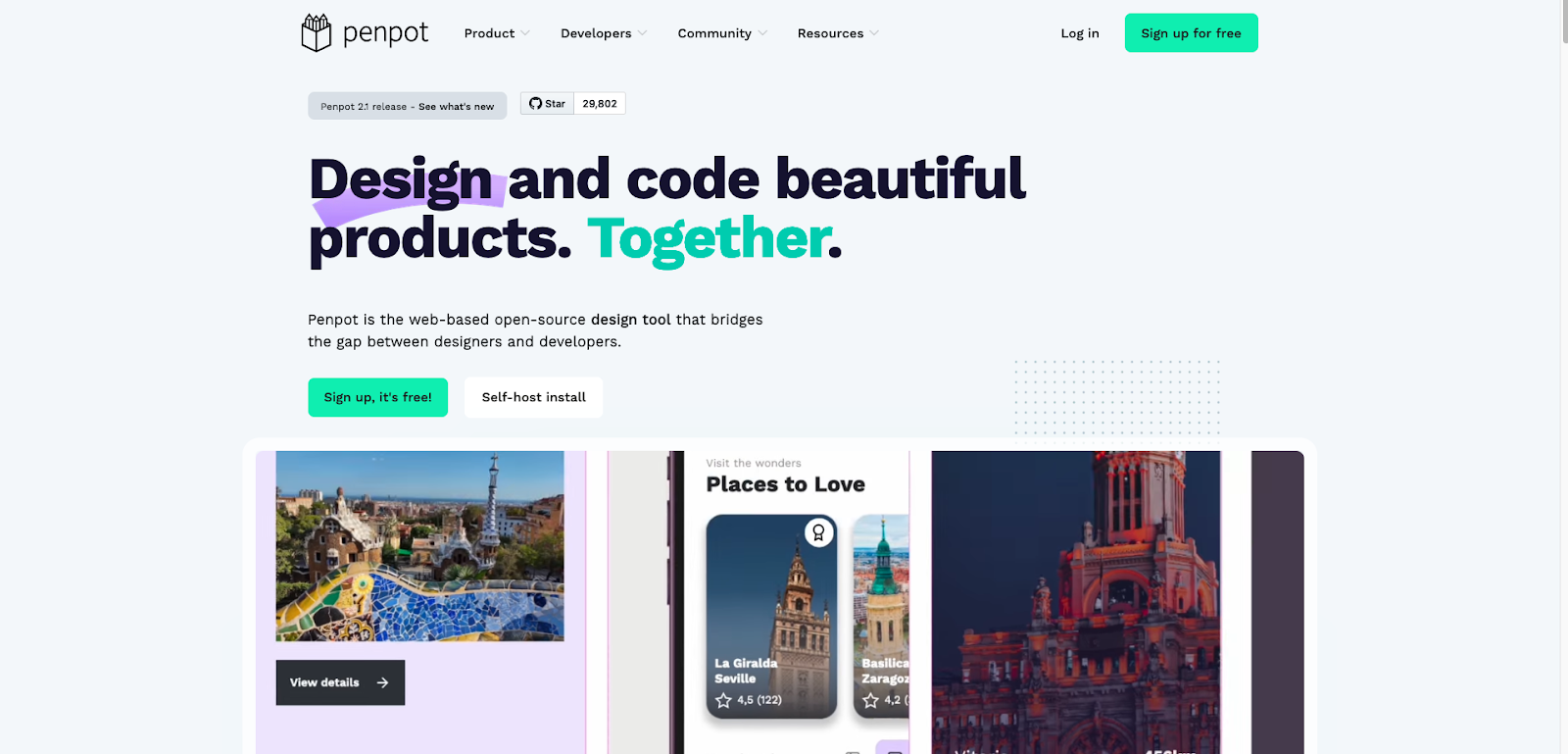Penpot’s homepage with a white background and a header that reads, “Design and code beautiful products. Together.” A GIF below shows a sample website edit.