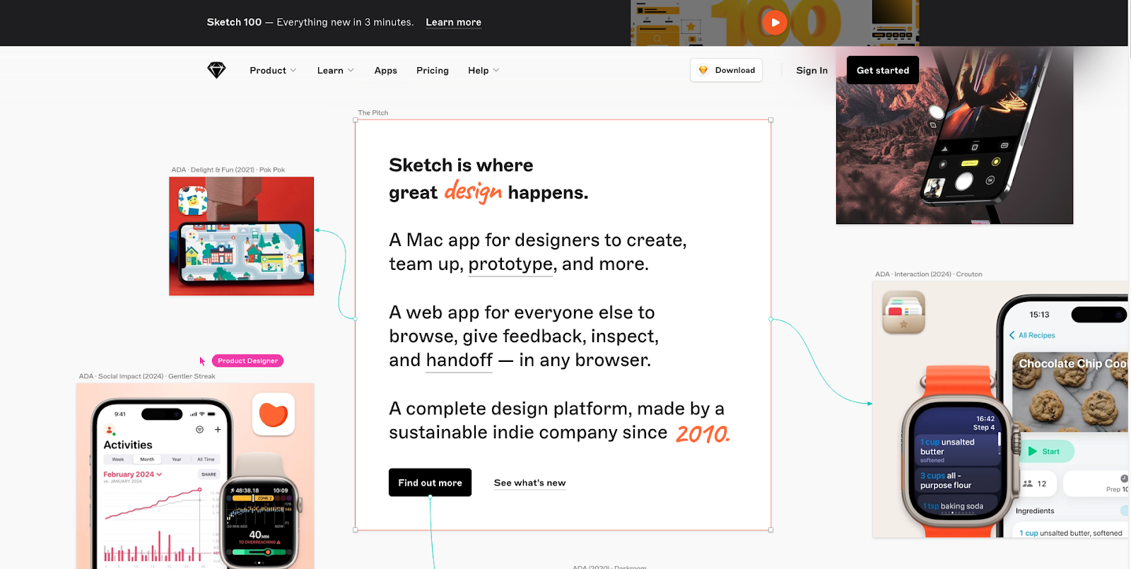 Sketch’s homepage has four images of phones and smartwatches displaying different apps. The middle of the page features a box with details about the company.
