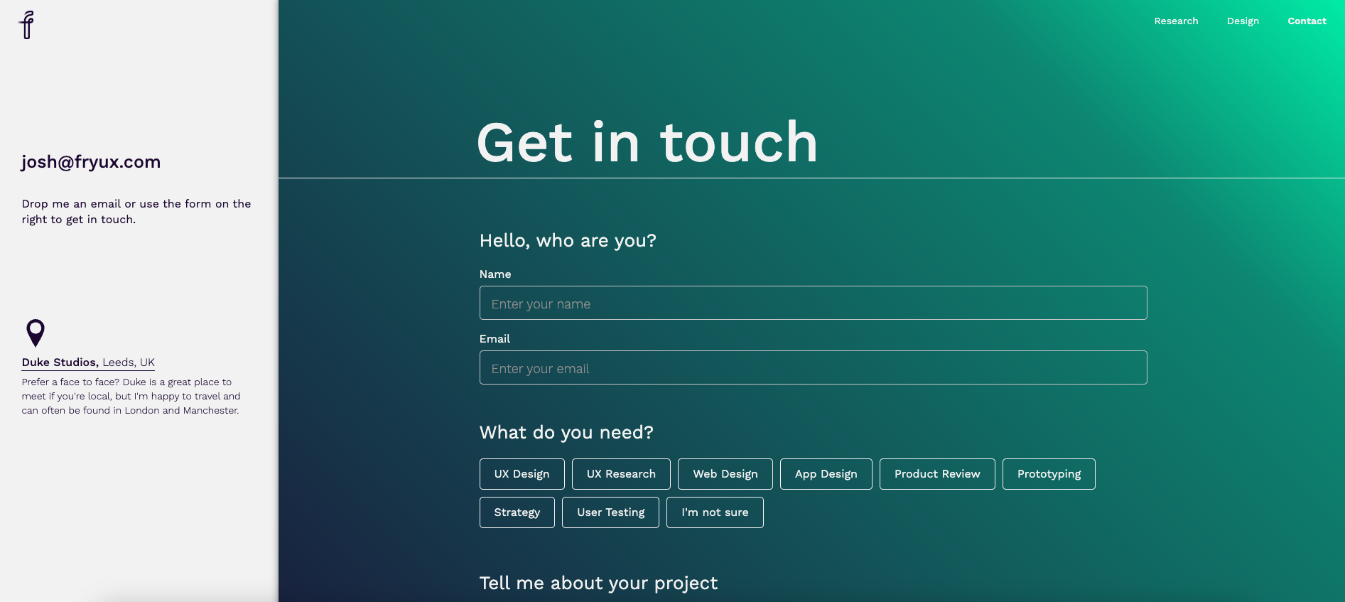 A screenshot of fryux’s contact page.