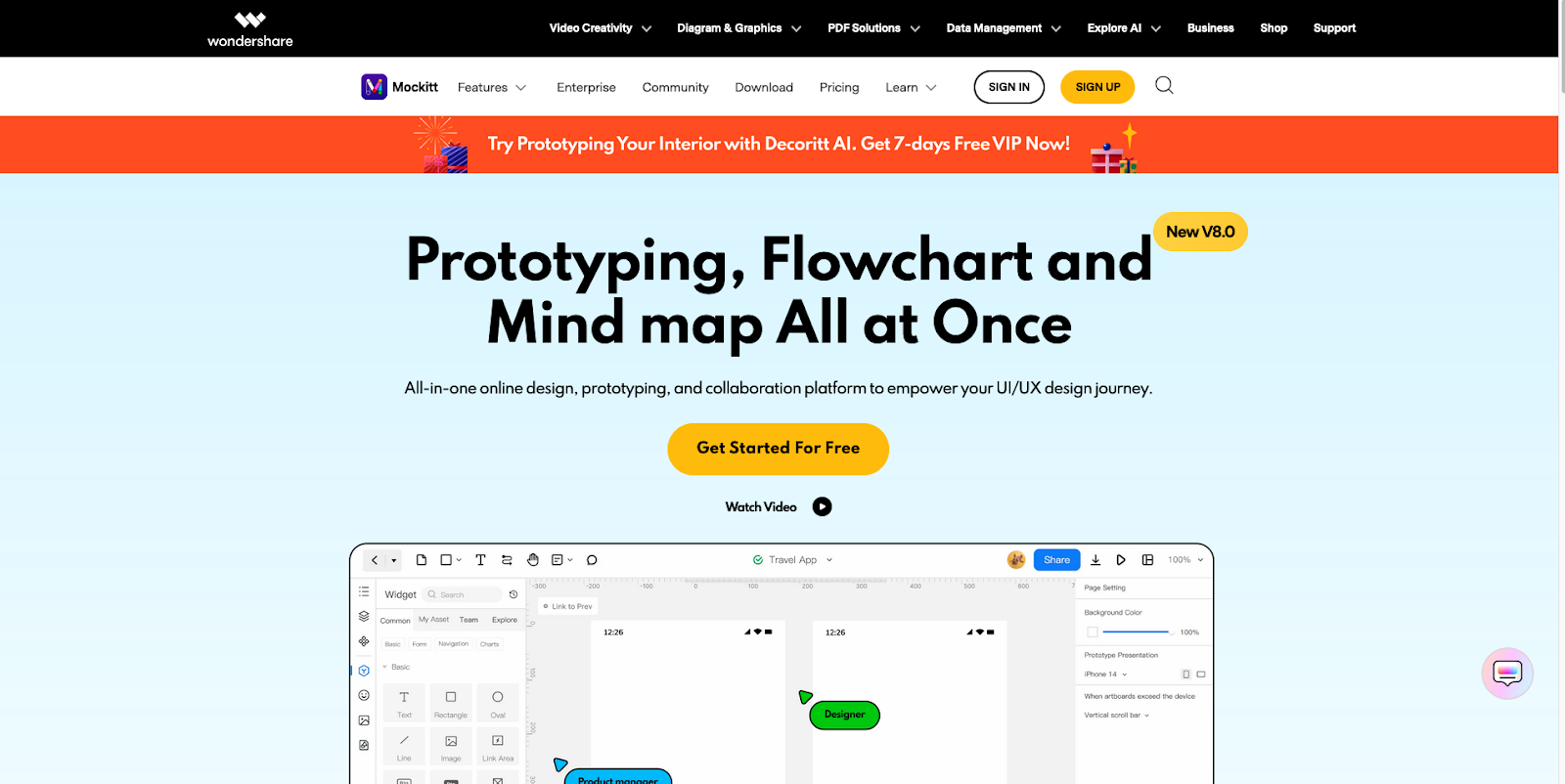 Mockitt’s homepage features a light-blue background and a header that reads, “Prototyping, Flowchart and Mind Map All at Once.” A GIF underneath shows how Mockitt’s drag-and-drop interface works.