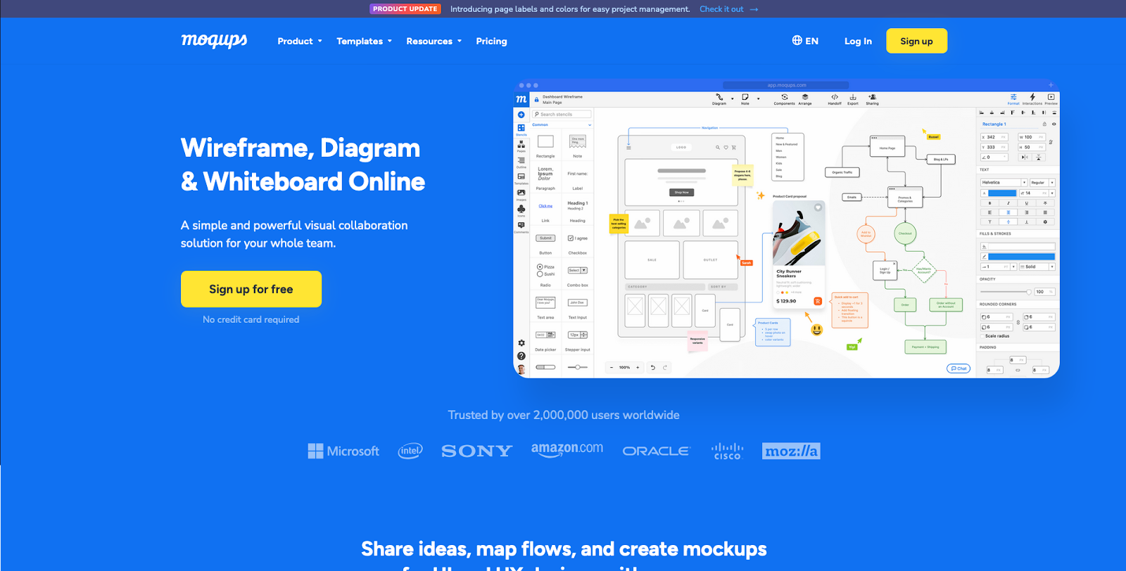 Moqups’ homepage has a vibrant blue background with a screenshot of a dashboard wireframe on the right. On the left, the header reads, “Wireframe, Diagram, & Whiteboard Online.