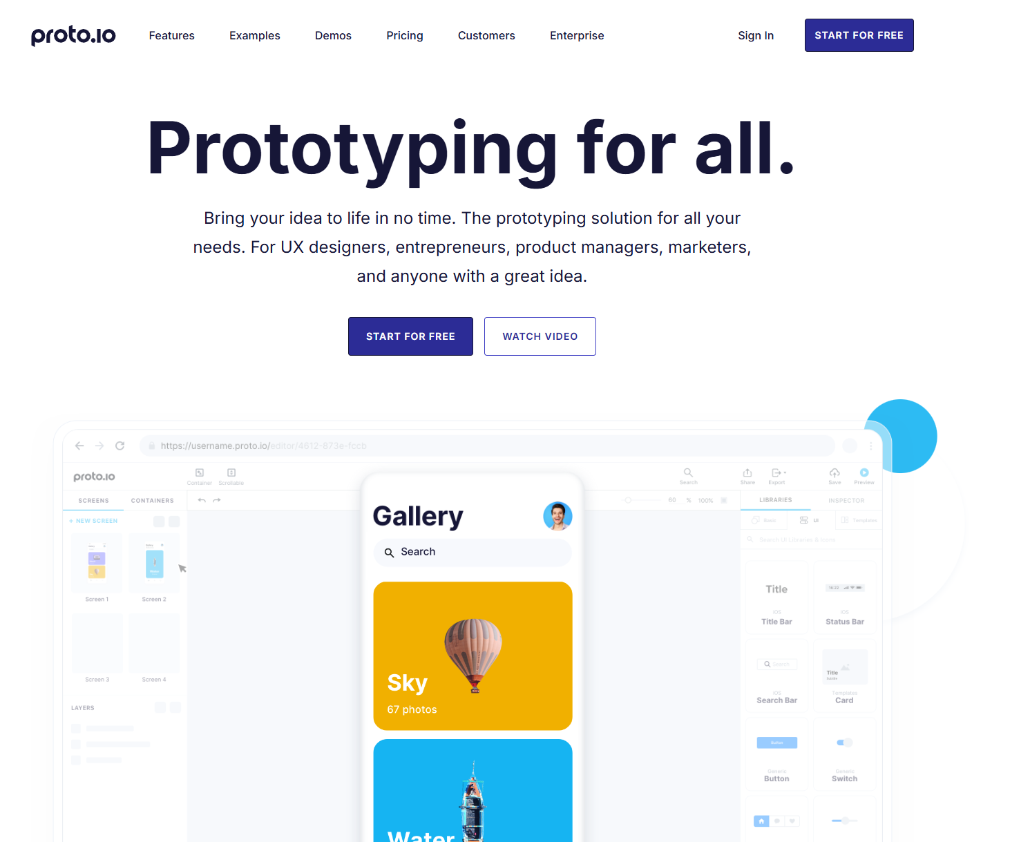 The Proto.io homepage begins with a headline reading “Prototyping for all,” followed by a demonstration of its user interface.