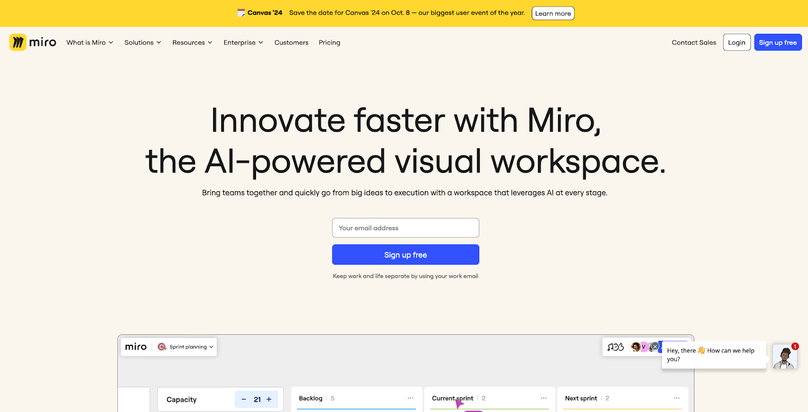 Miro’s light yellow homepage has a header that reads, “Innovate faster with Miro, the AI-powered visual workspace.