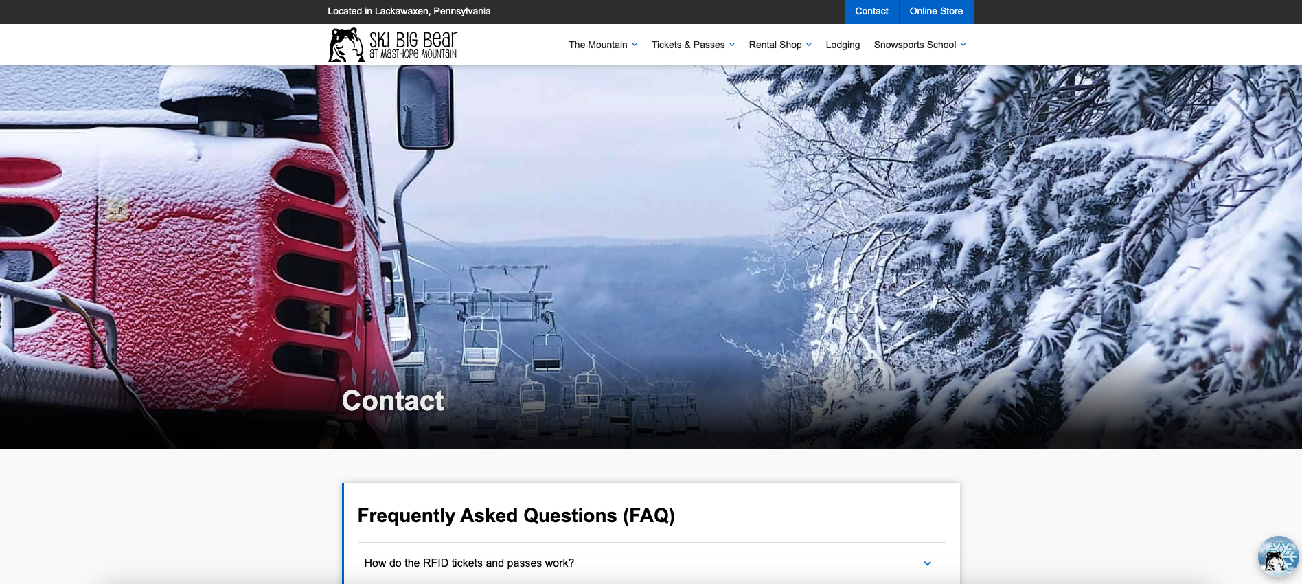 A screenshot of Ski Big Bear’s contact page.
