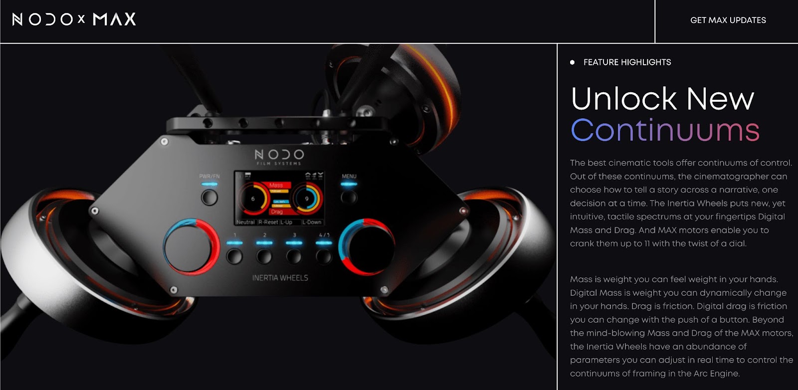 NODO x MAX landing page. Black background, white text. Left: detailed 3D illustration of NODO inertia wheels. Right: feature highlights.