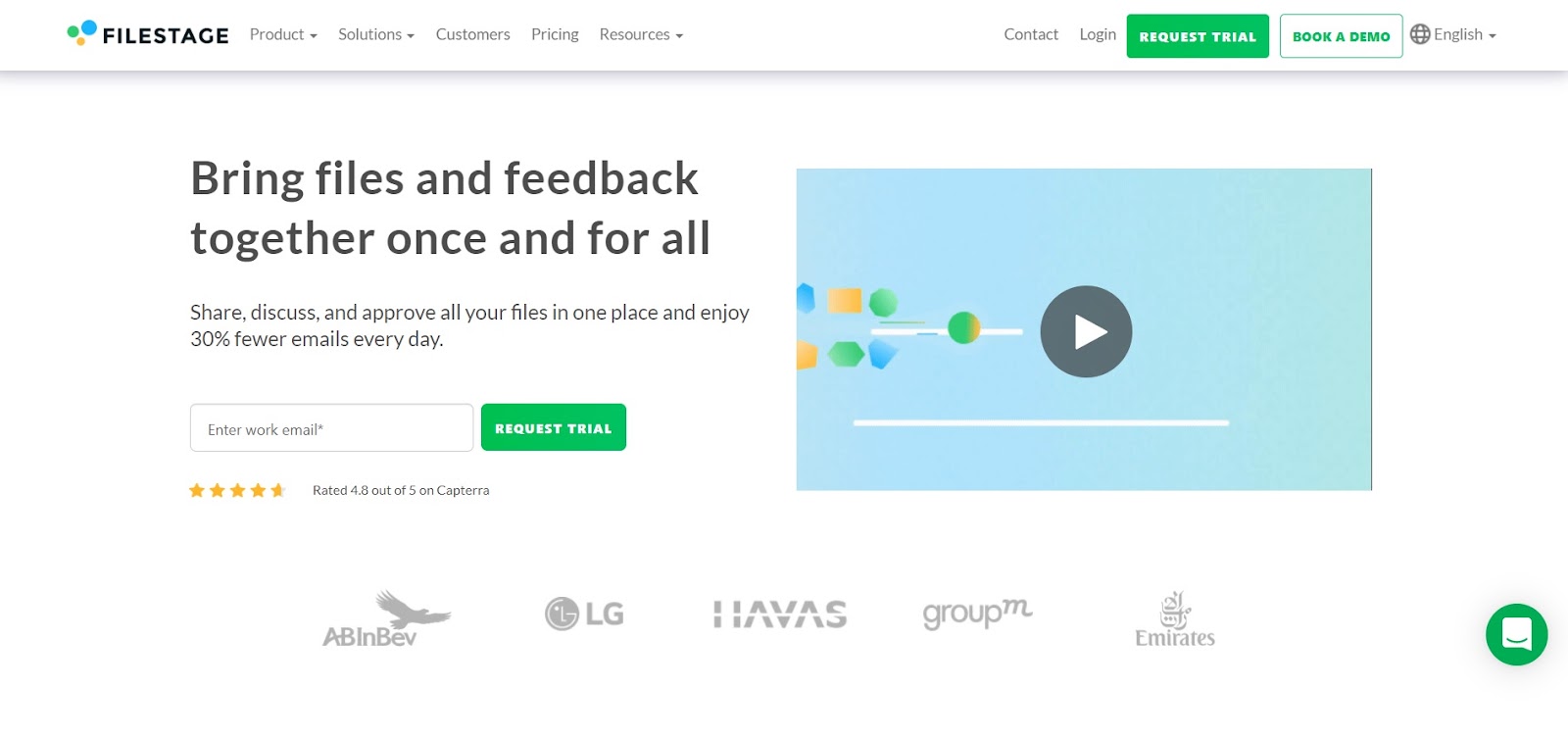 Filestage homepage. White background with black text "Bring files and feedback together once and for all"