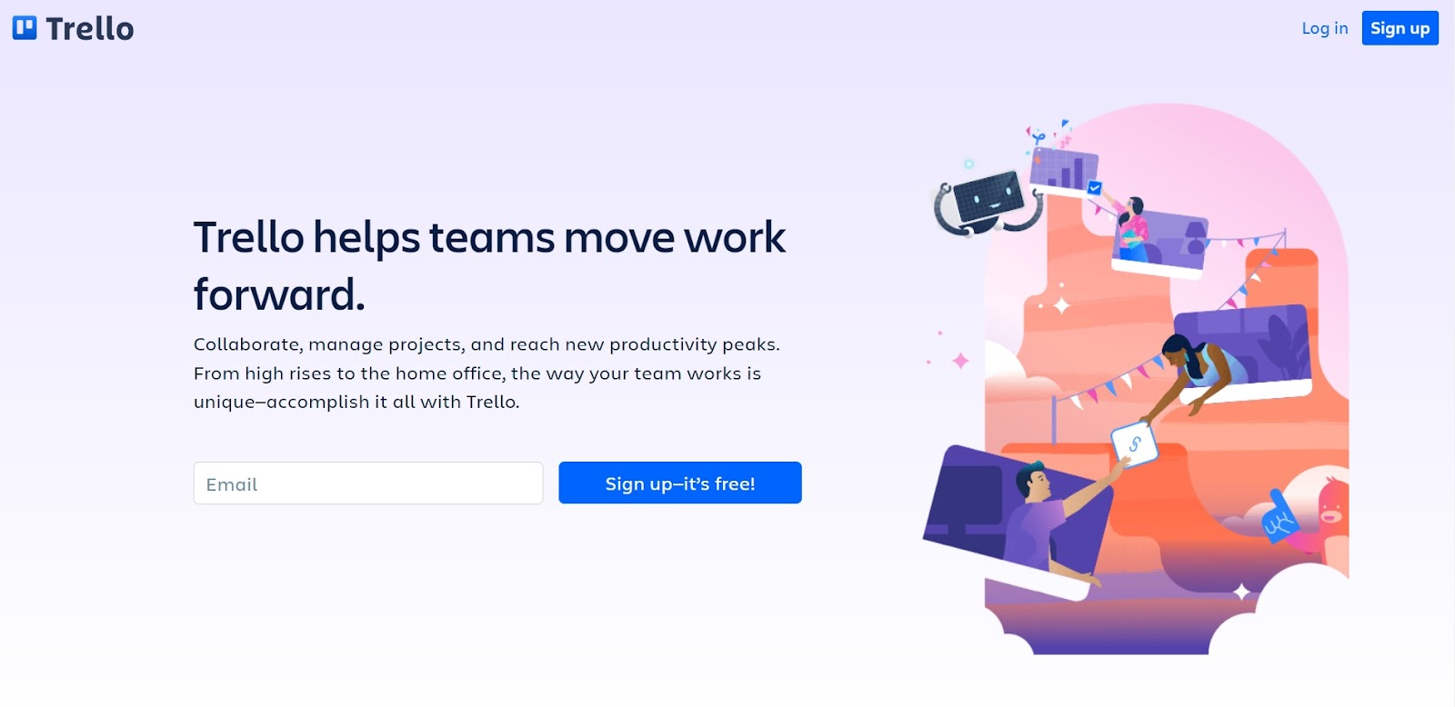 Trello homepage. Light purple & white gradient background.Black text "Trello helps teams move work forward" next to illustration of people coming out of laptop screens, handing items to each other.