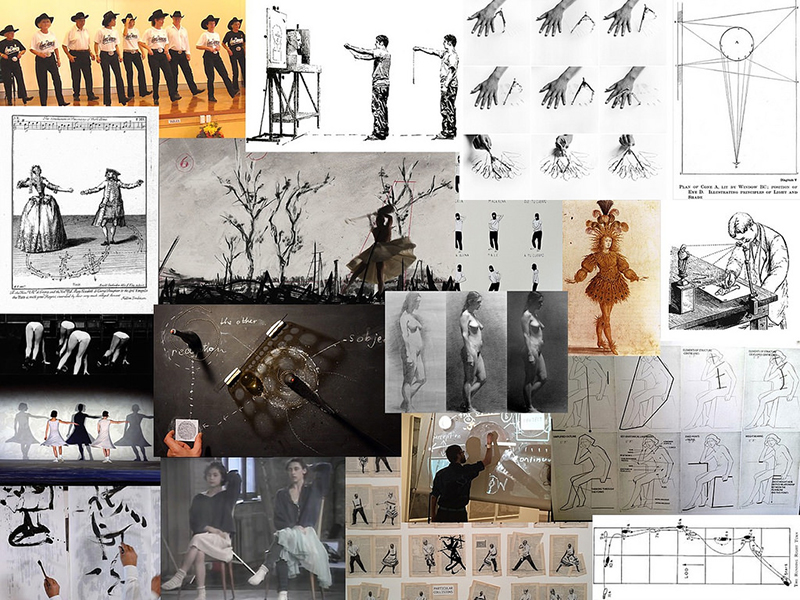 Inspiration board in grayscale and sepia tones showing photos and illustrations of the human body in action.