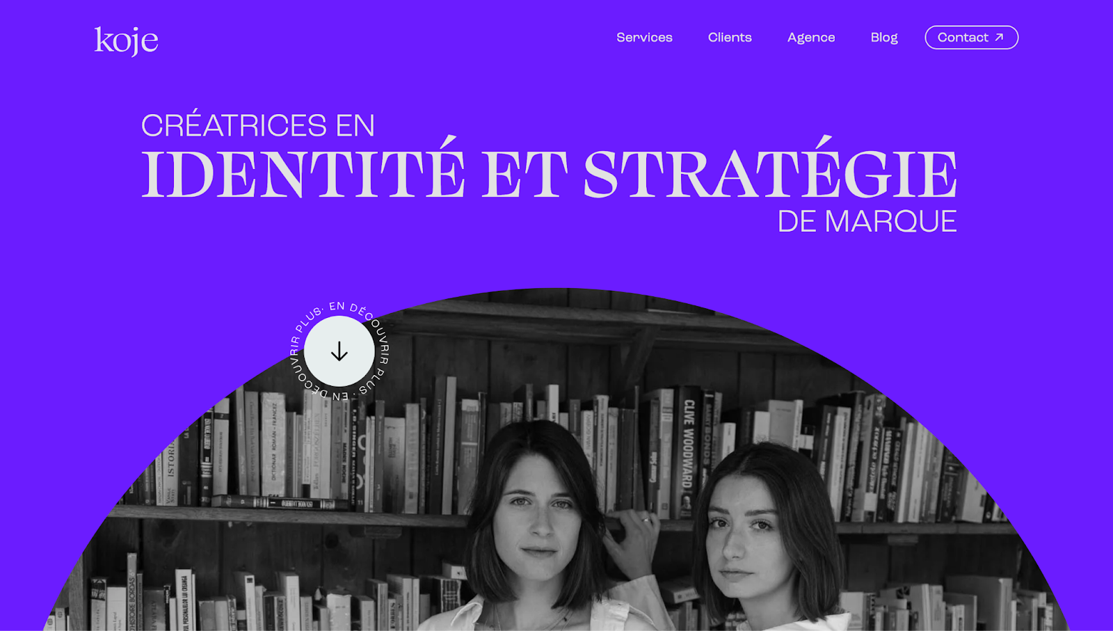 A screenshot of koje’s homepage showing a purple, black, and white color palette.