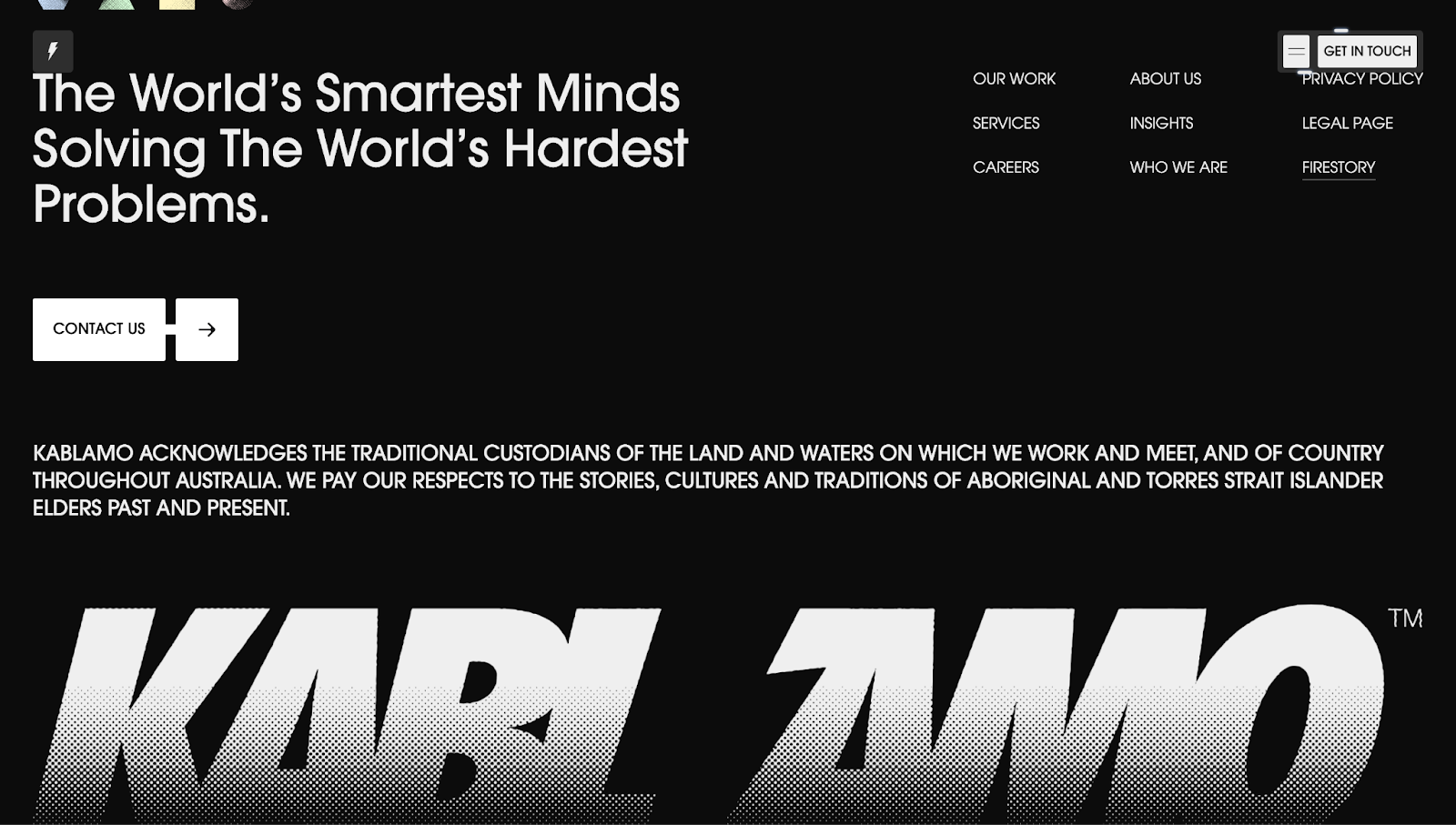 A screenshot of Kablamo’s website showing the brand’s logo with a lightning bolt appearing in the wordmark’s negative space.