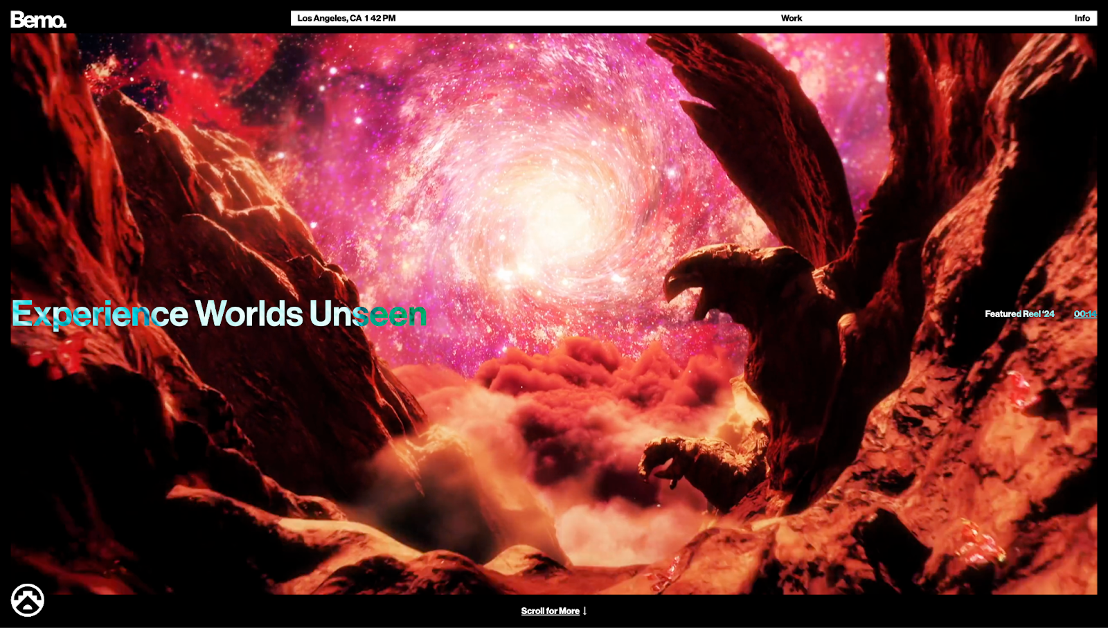 A screenshot of Bemo’s website showing a looping video with immersive visuals and the text “Experience Worlds Unseen.”