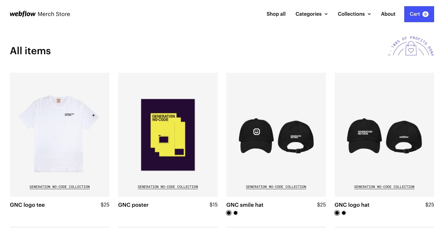 An image of the Webflow Merch Store. Here we see a grid of four featuring the Generation No Code merchandise.