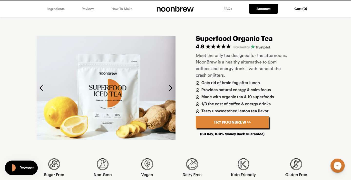 An image of the Noonbrew website homepage. Here, it features the Superfood Organic Tea product.