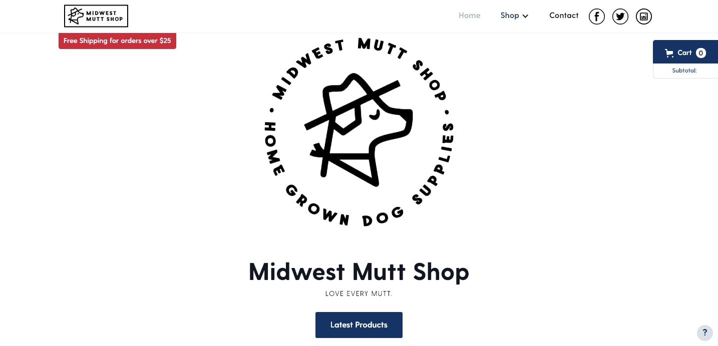An image of the Midwest Mutt Shop website homepage.