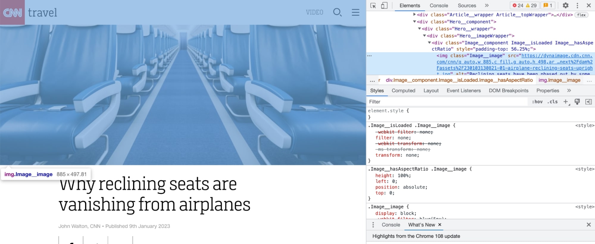 Screenshot of CNN Travel website. Right side of image shows Google dev tools panel s
