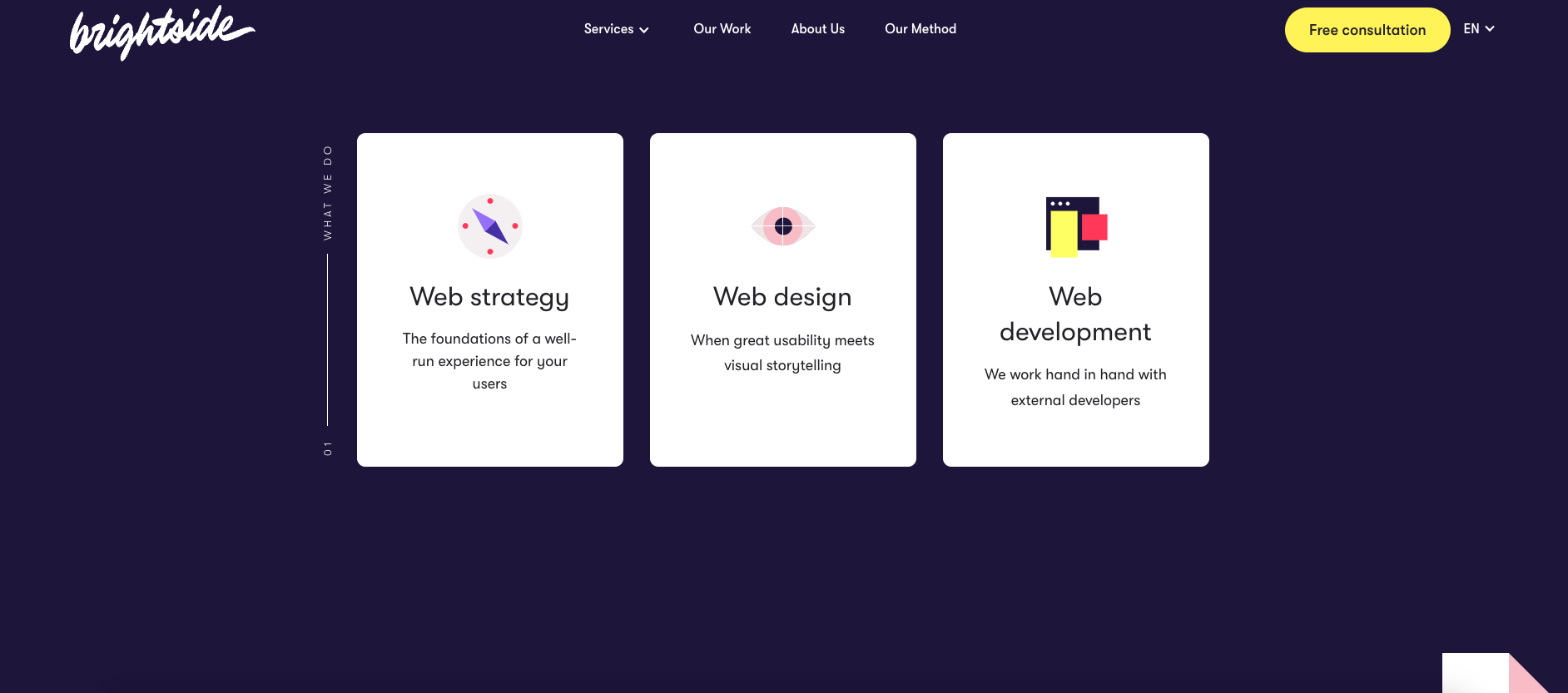 A screenshot of the “What we do” section of brightside Studio’s website, which uses flat design icons to present their pillars: strategy, design, and development.