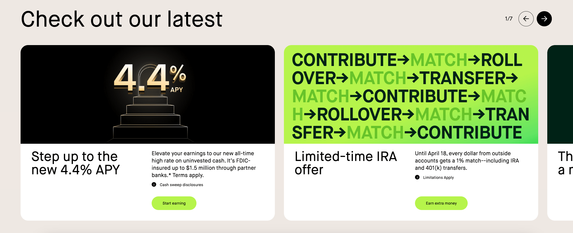 A screenshot of Robinhood’s website showing a carousel of rectangles that each contain one of Robinhood’s new features.