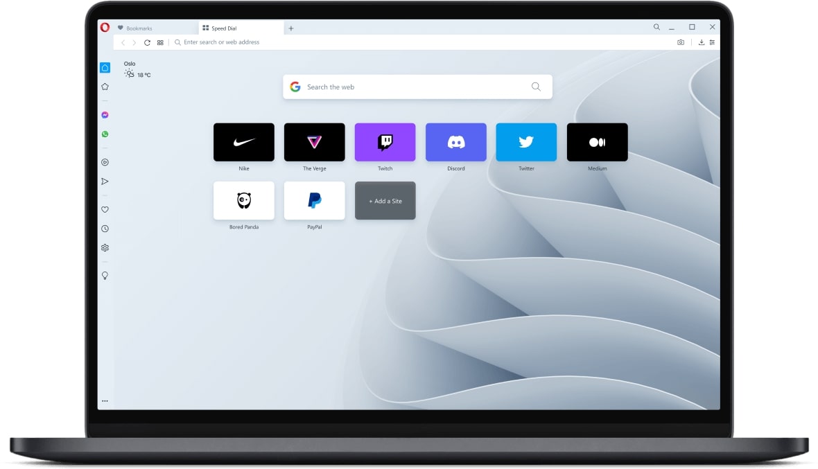 Opera homepage shown on a laptop