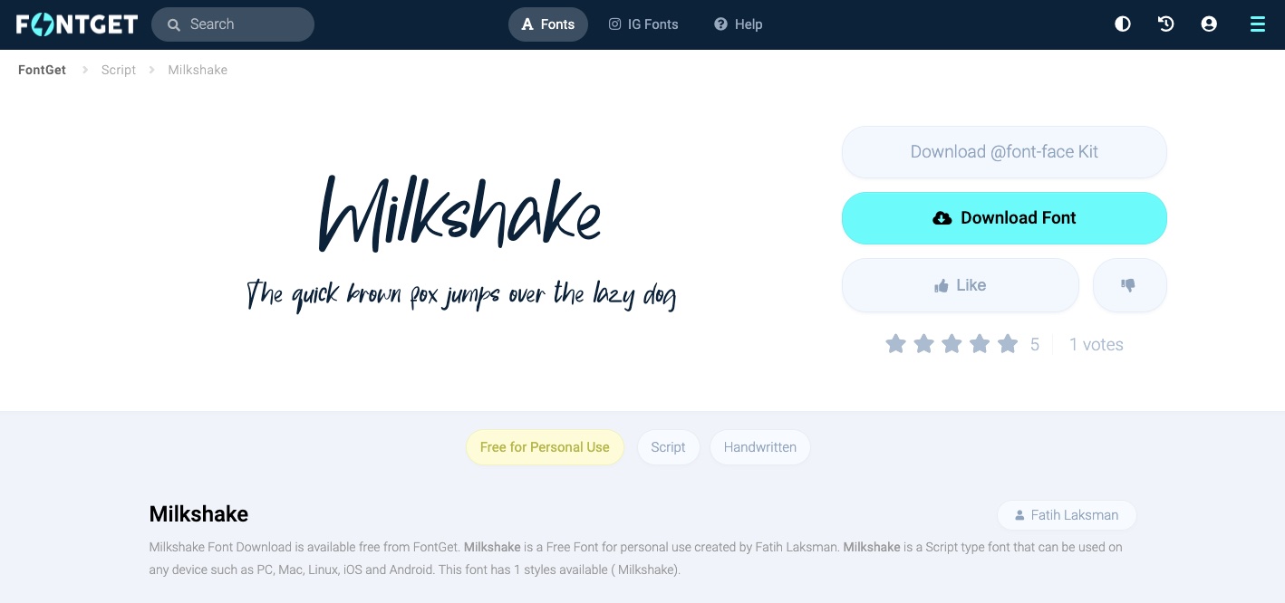 The FontGet site, showcasing the font "Milkshake" and a sample sentence in the font. On the right is a bright blue Download CTA button, a Like button, and reviews for the font on a 5-star scale.