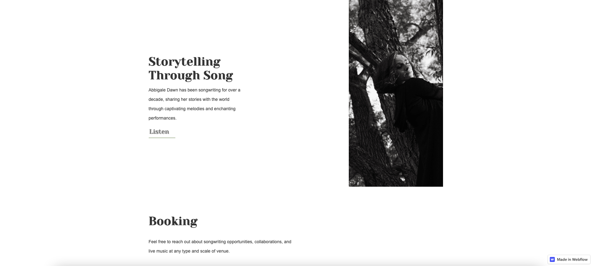 A screenshot of Abbigale Dawn’s landing page. There’s a white background, a small black-and-white portrait of the artist, and a short bio with a link to Abbigale’s music.