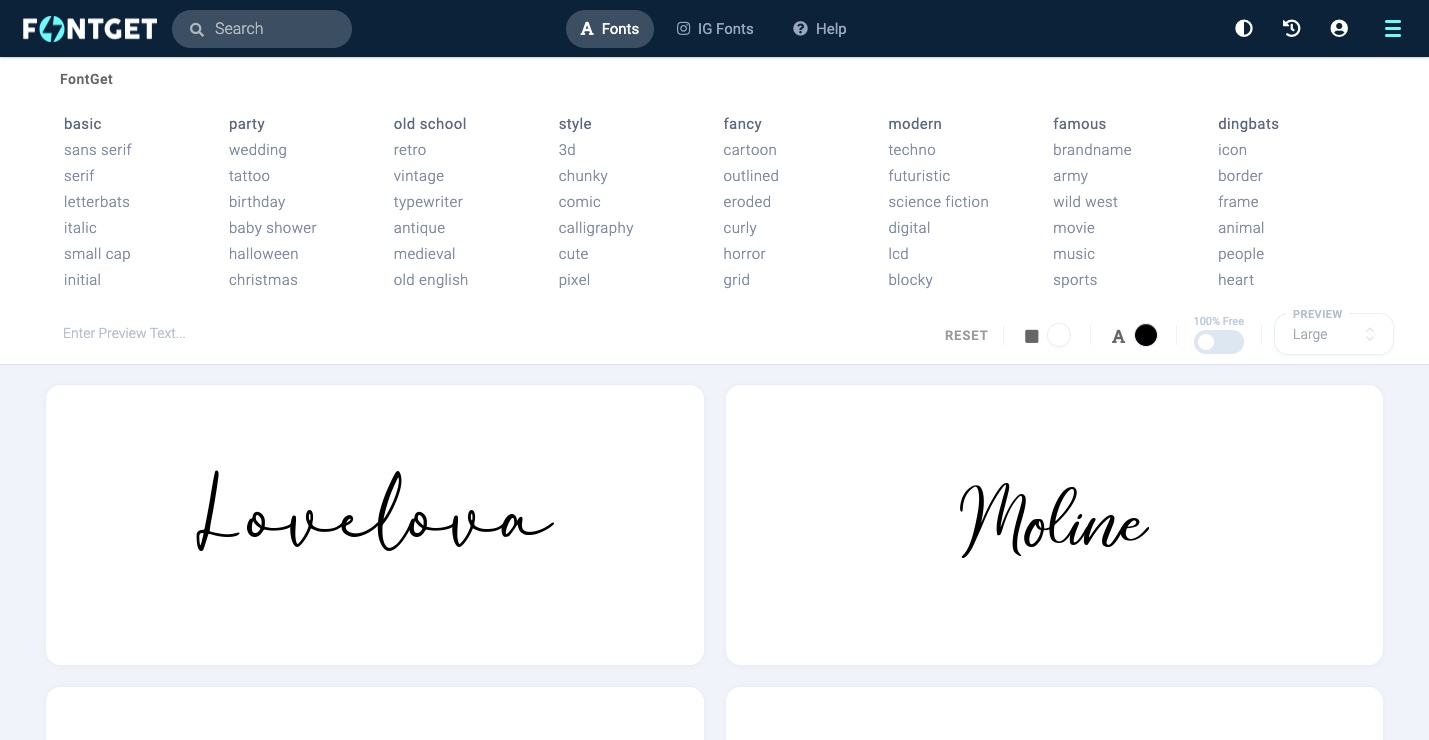 The FontGet site, showcasing the font "Milkshake" and a sample sentence in the font. On the right is a bright blue Download CTA button, a Like button, and reviews for the font on a 5-star scale.