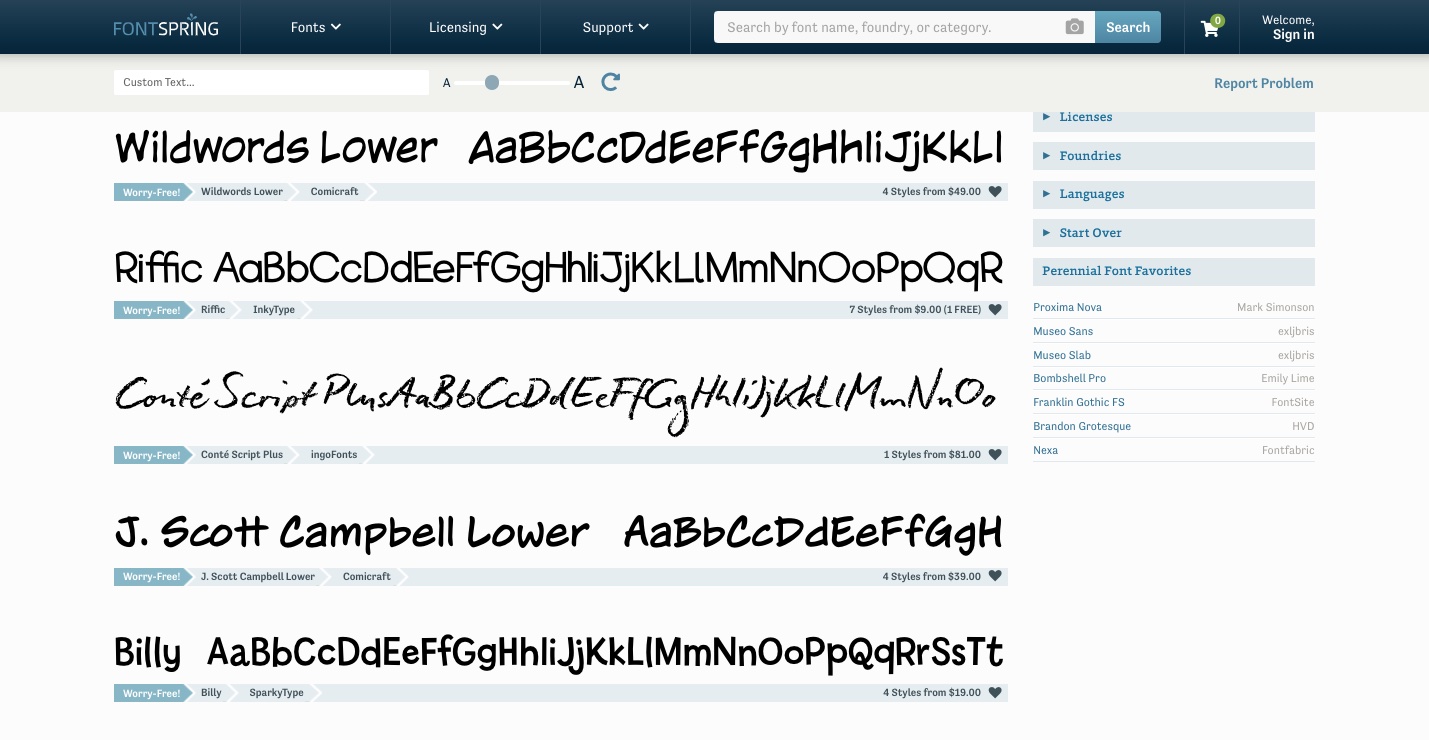 The Fontspring homepage depicting 5 different fonts below a navy blue top nav menu and font search functionality.