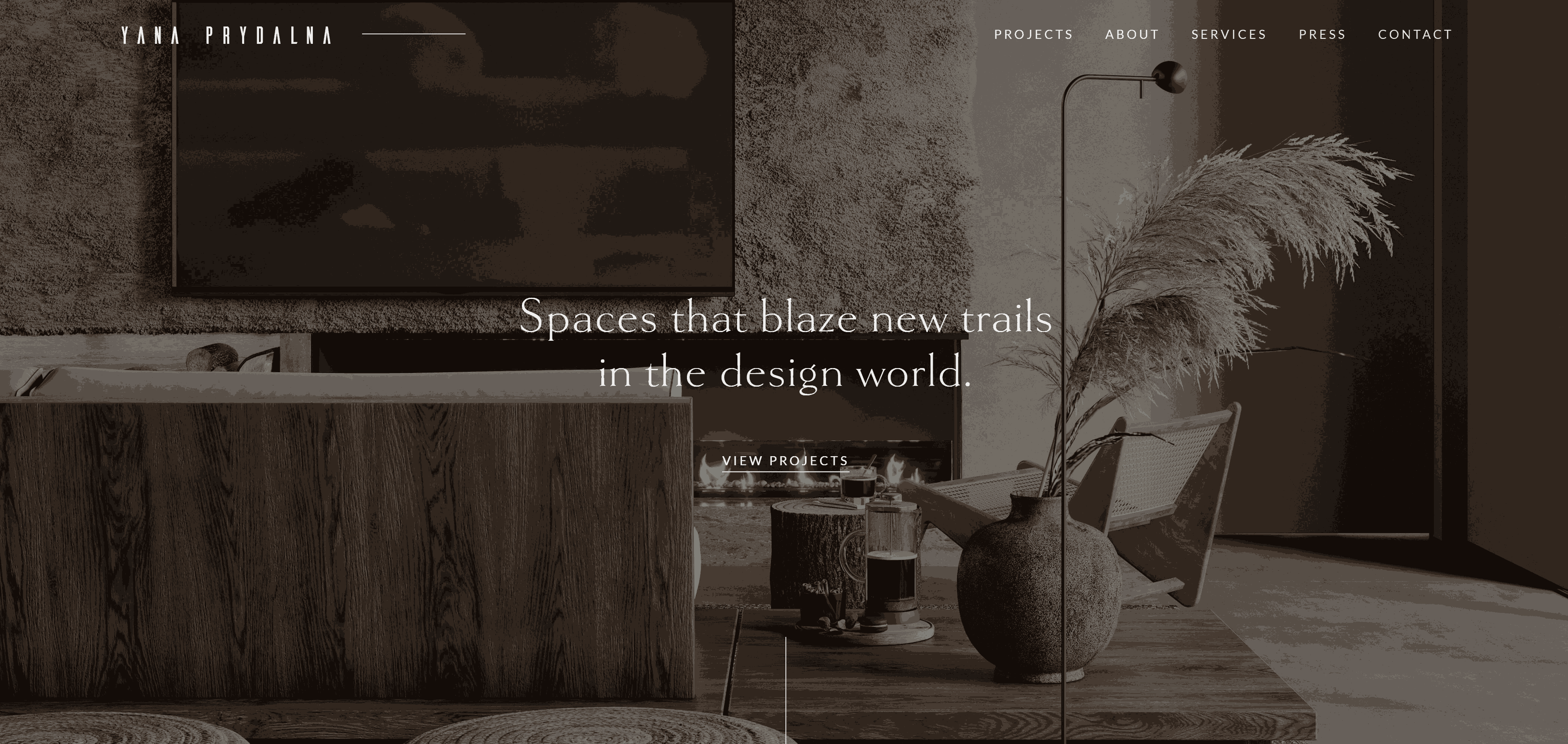 An image of Yana Prydalna’s website with white text on a background full of earthy colors.