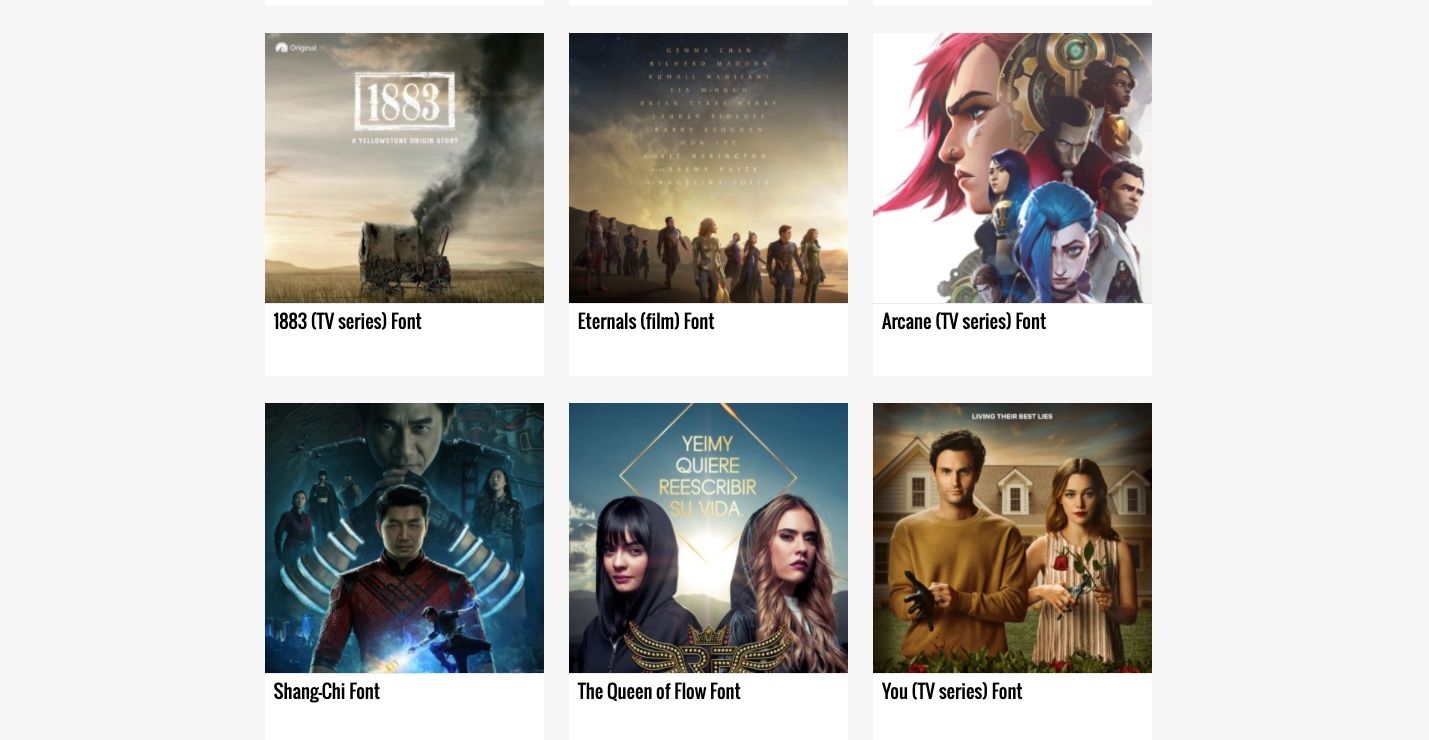 A screenshot of six shows and movies and fonts inspired by them on the posters for each.