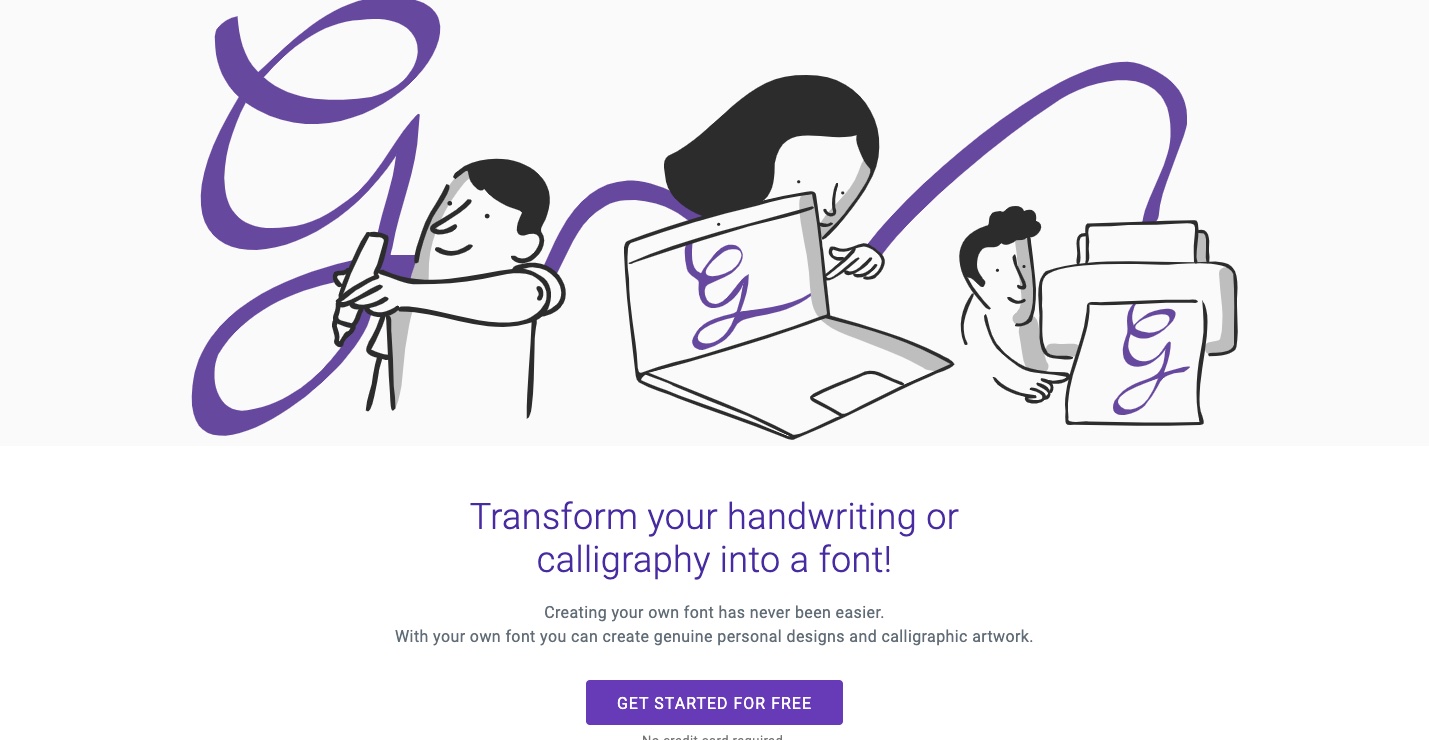 The Calligraphr homepage with an illustration of people writing in cursive alongside laptops and printers. Below it is header text, "Transform your handwriting or calligraphy into a font!" and a purple CTA button that says "GET STARTED FOR FREE."
