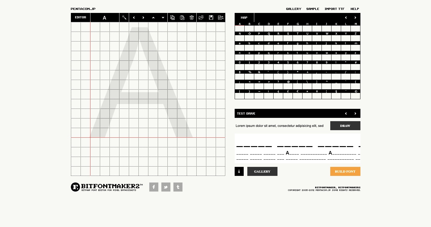 A screenshot of the Bitfontmaker editor grid alongside the controls for resizing the characters and customizing the font.