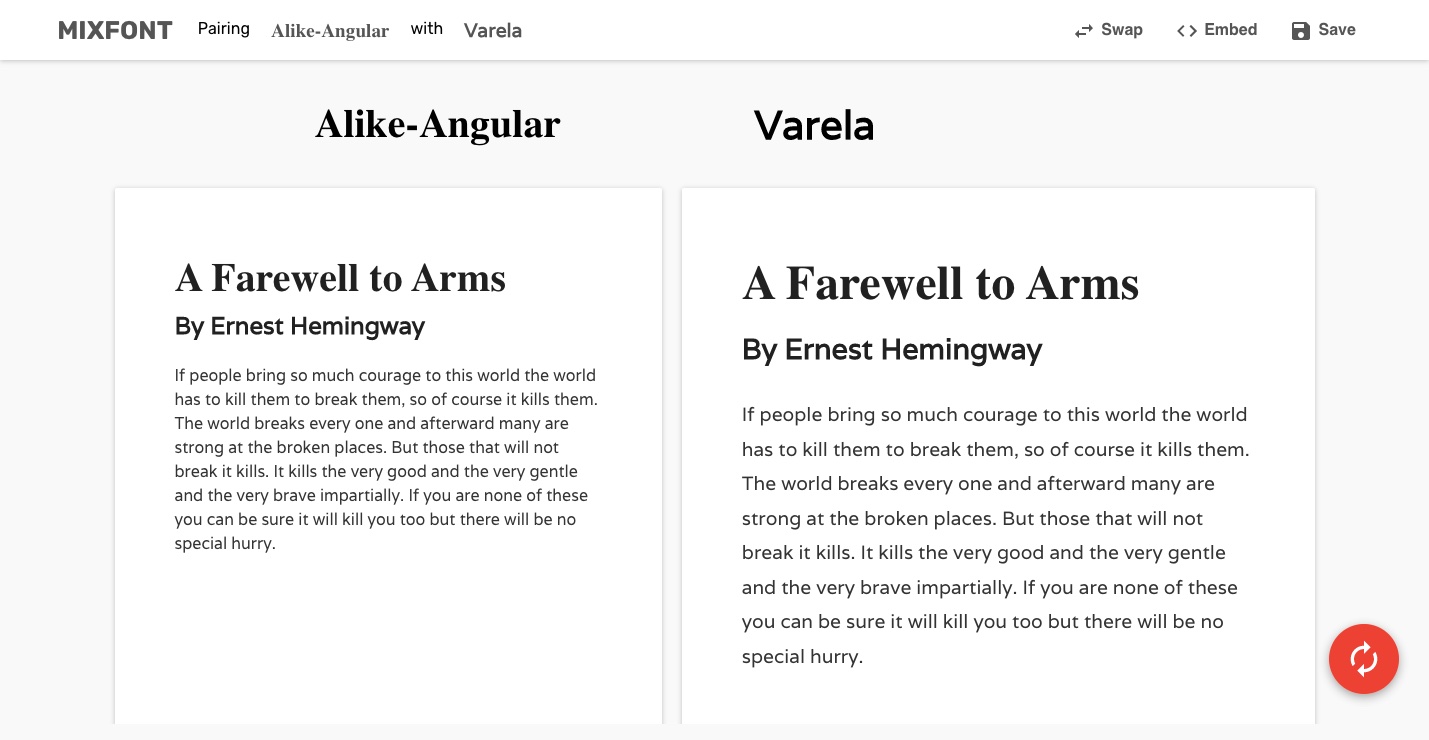 A screenshot of Mixfont's UI, depicting two font pairings: "Alike-Angular" and "Varela" and sample excerpts of Farewell to Arms by Ernest Hemingway.
