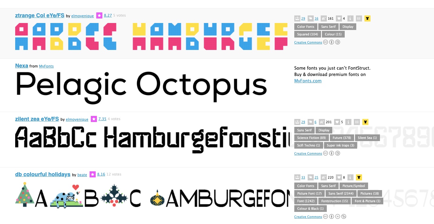 A screenshot of the four fonts available on Fonstruct, alongside tags for each, the number of downloads and comments associated with each.