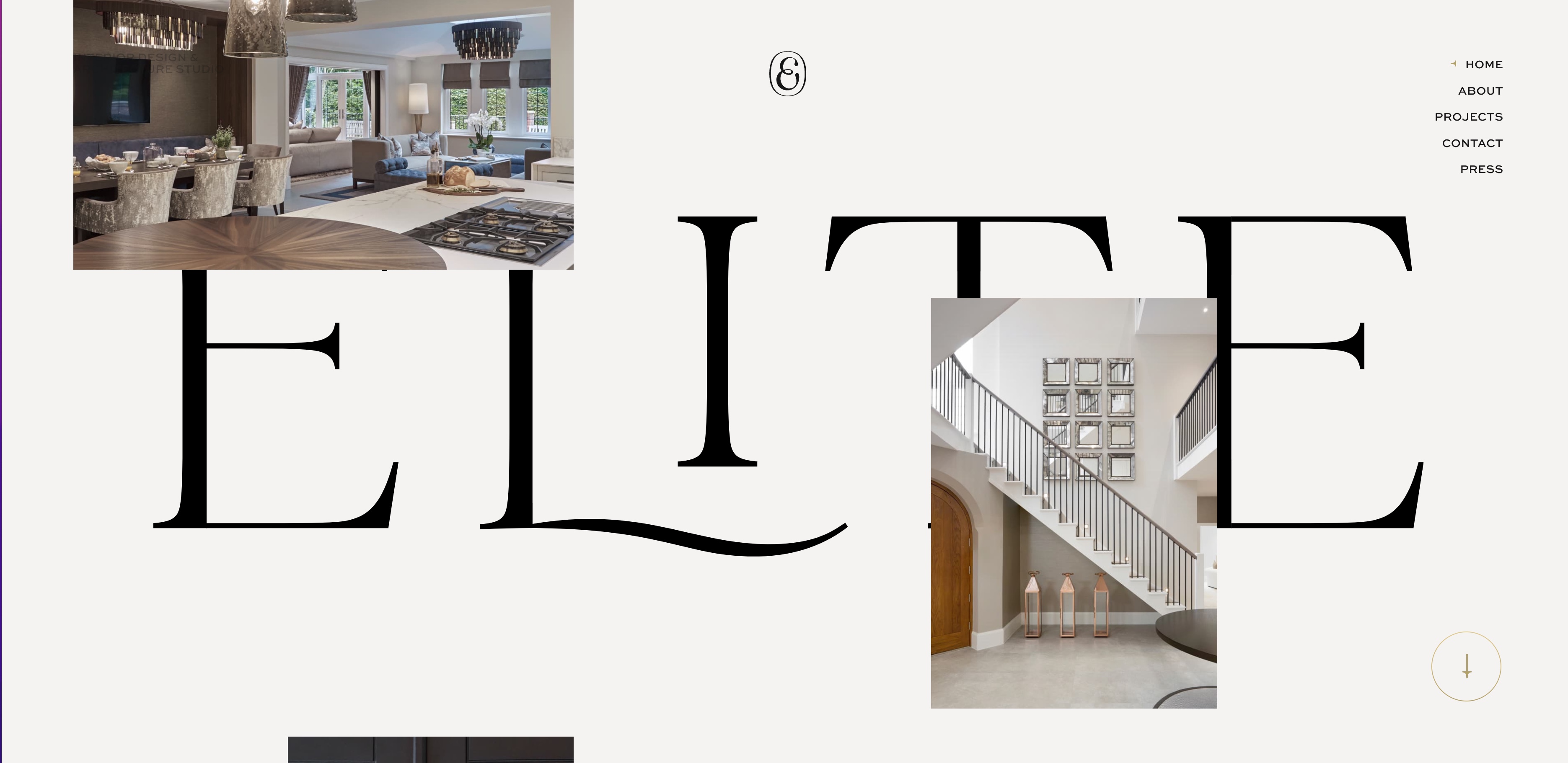 Elite homepage. Off-white background with "ELITE" taking up the majority of the page. Photos of interiors float around the page. 