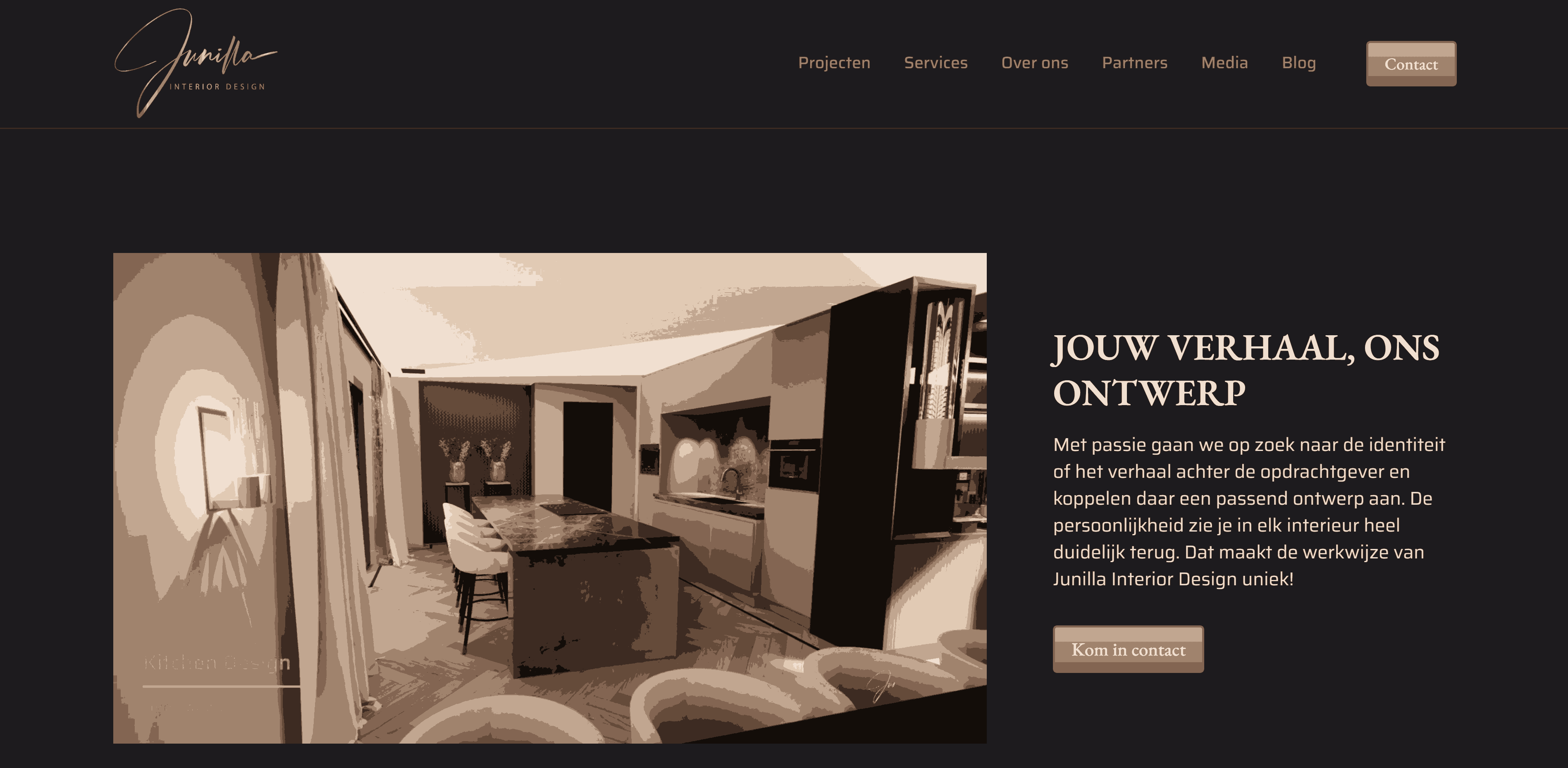 A screenshot of Junilla Interior Design’s home page with a video and white text in the middle, accompanied by blush-pink accents at the top of the screen