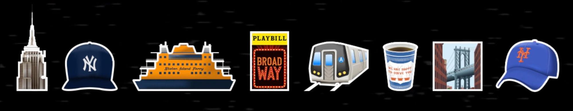 A picture of different emojis of New York landmarks or iconography. From left to right, the emojis represent: the Empire State building, a Yankee's baseball hat, the Staten Island Ferry, a Broadway playbill, the NYC subway, a bodega coffee, the Brooklyn bridge, and a Mets baseball hat
